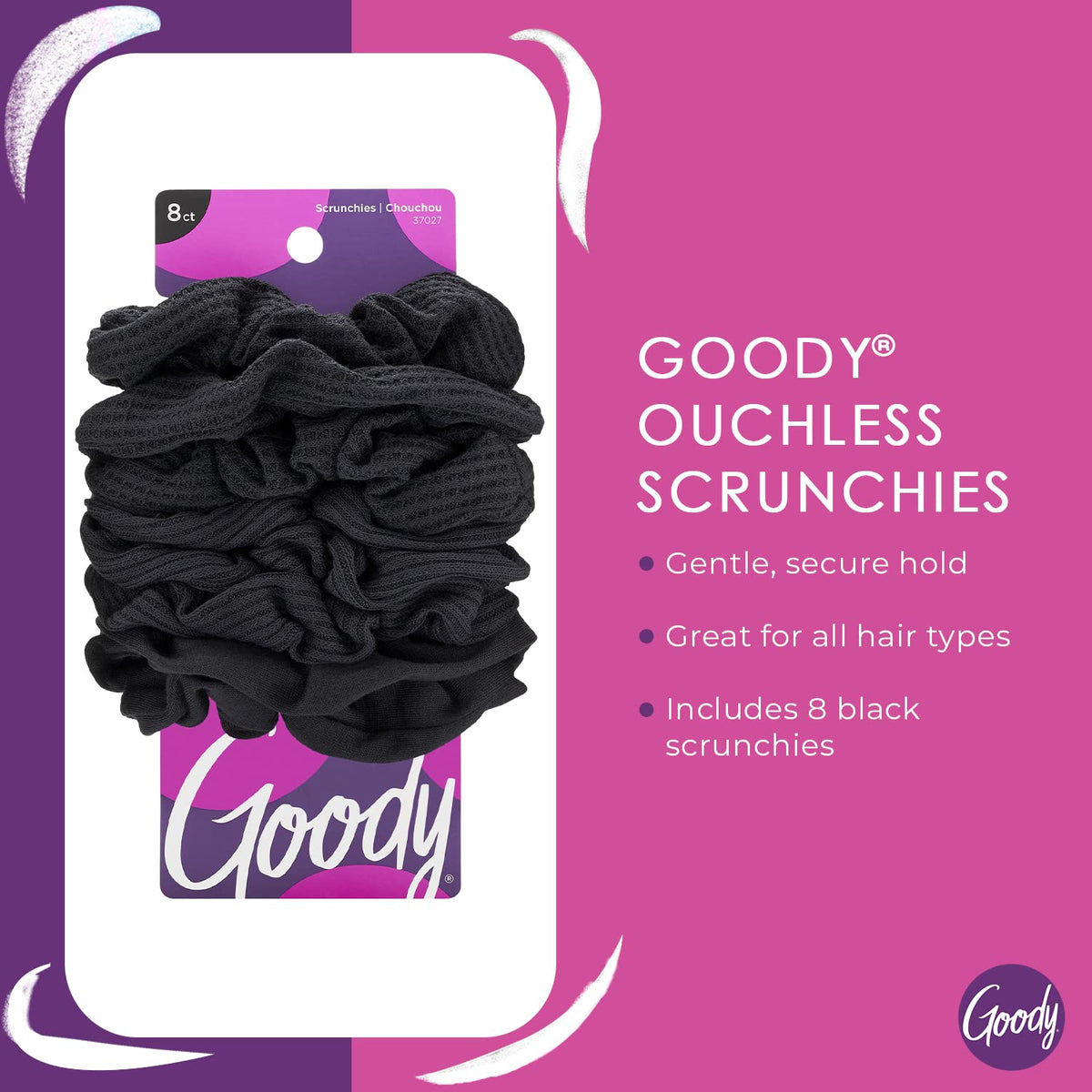 Goody Ouchless Jersey Scrunchies, 8 Ct, Black, Damage-Free, Dentless & Secure Hold Ties, Gentle Hair Accessories for Women & Men, All Day Comfort, All Hair Types