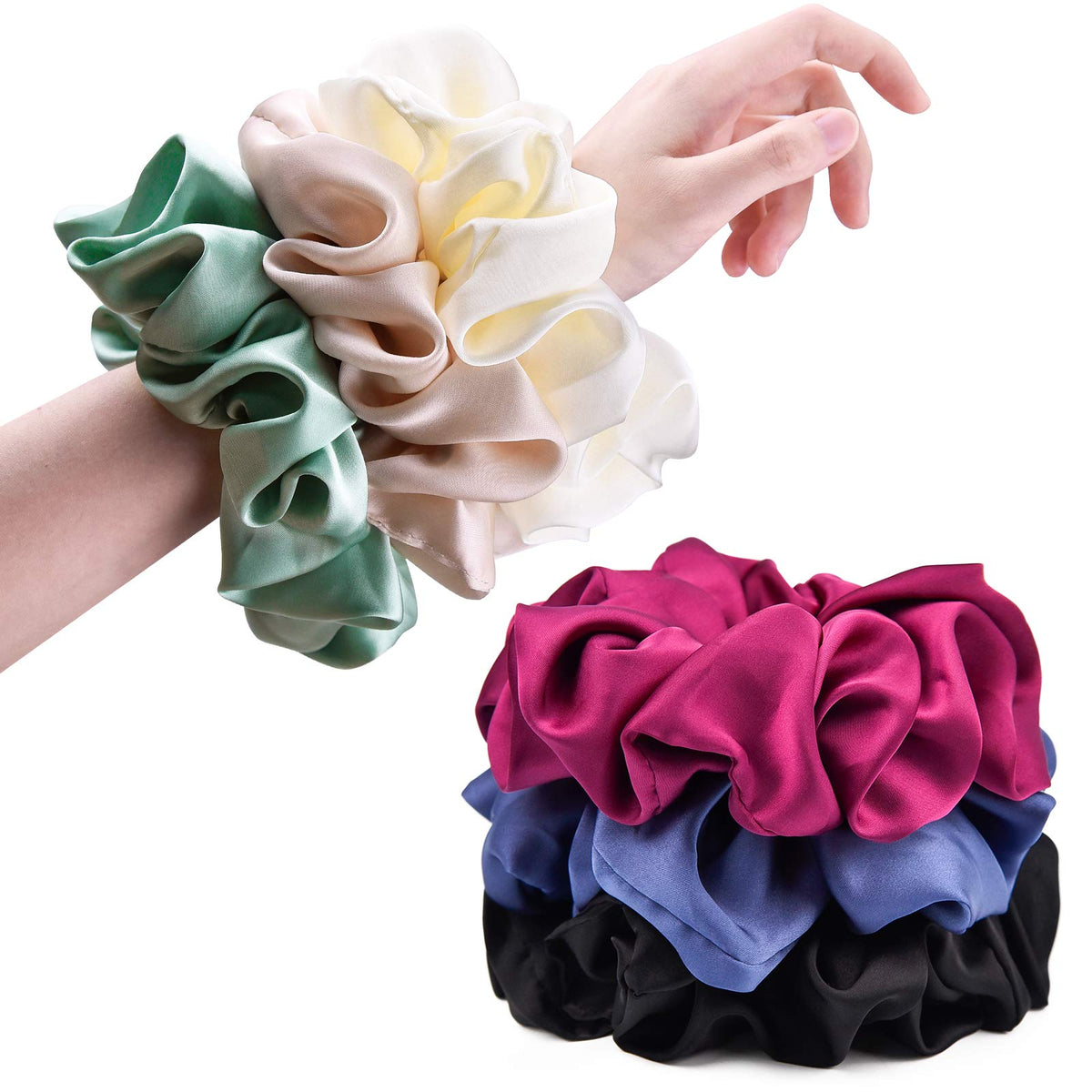 Black Big Scrunchies for Women 6.3Inches Large Scrunchie Satin Oversized Silk Thick Elastic Hair Ties Jumbo Hair Scrunchies 6 Pack (Black)