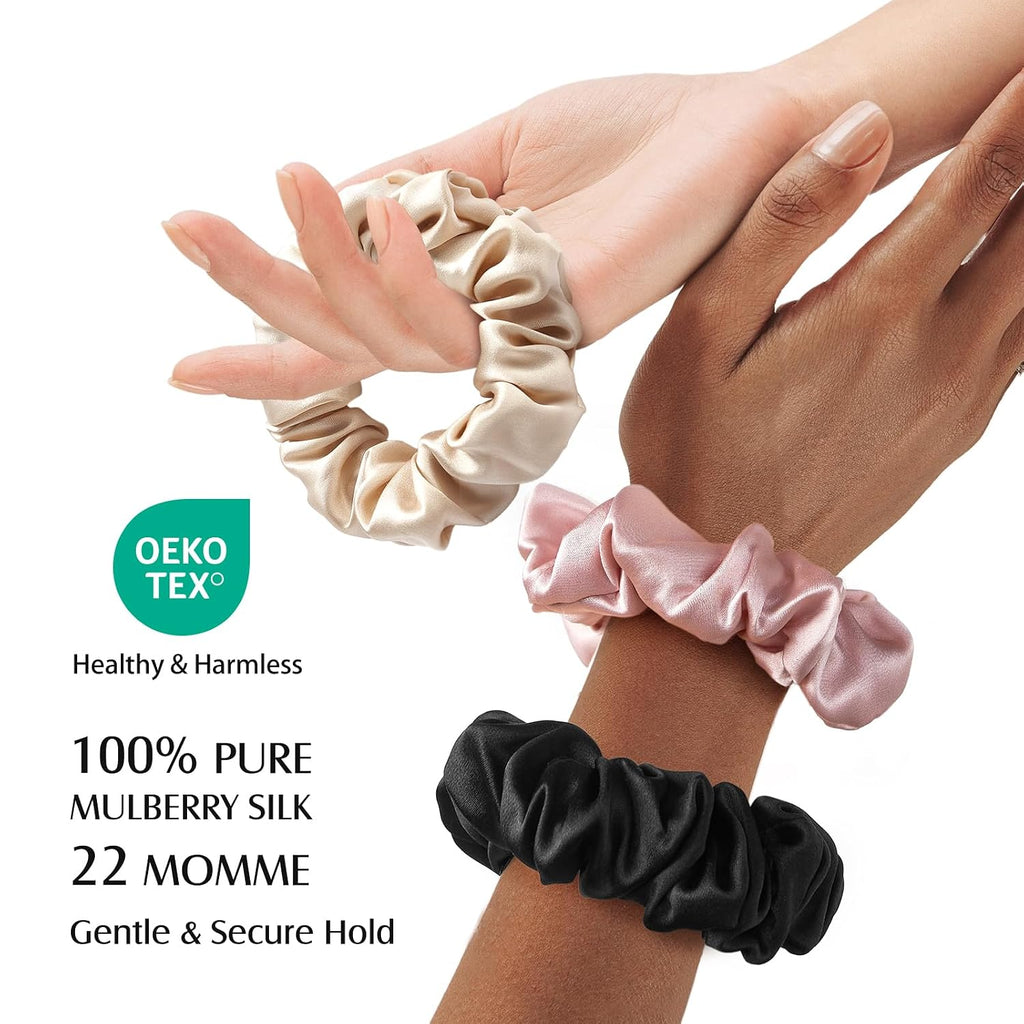 YFONG 3 PCS 100% Mulberry Silk Scrunchies for Women Girls, Soft No Damage
