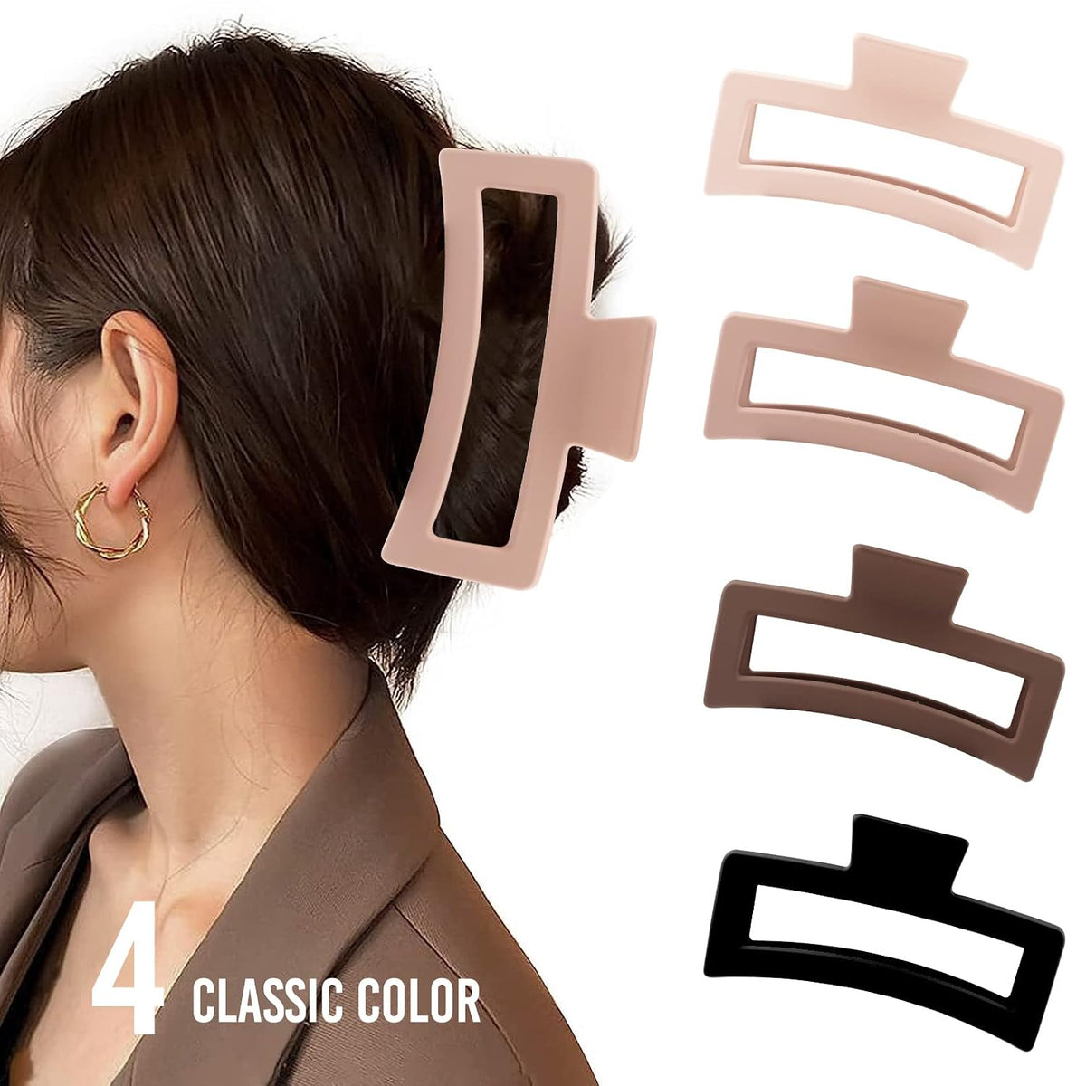 ZYTJ 5 Inche Extra Large Claw Clips for Thick Hair and Long Hair, 4 Pack Xl Jumbo Claw clips, Oversized Matte Non-slip Rectangle Hair Clips for Women, Big Strong Hold Jaw Clip,Neutral Color