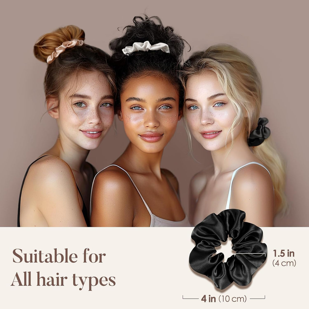 LULUSILK Silk Scrunchies for Hair Sleep, 100% Real Mulberry Silk, No Damage Hair Ties for Women and Girls, Classic Black, Pack of 3