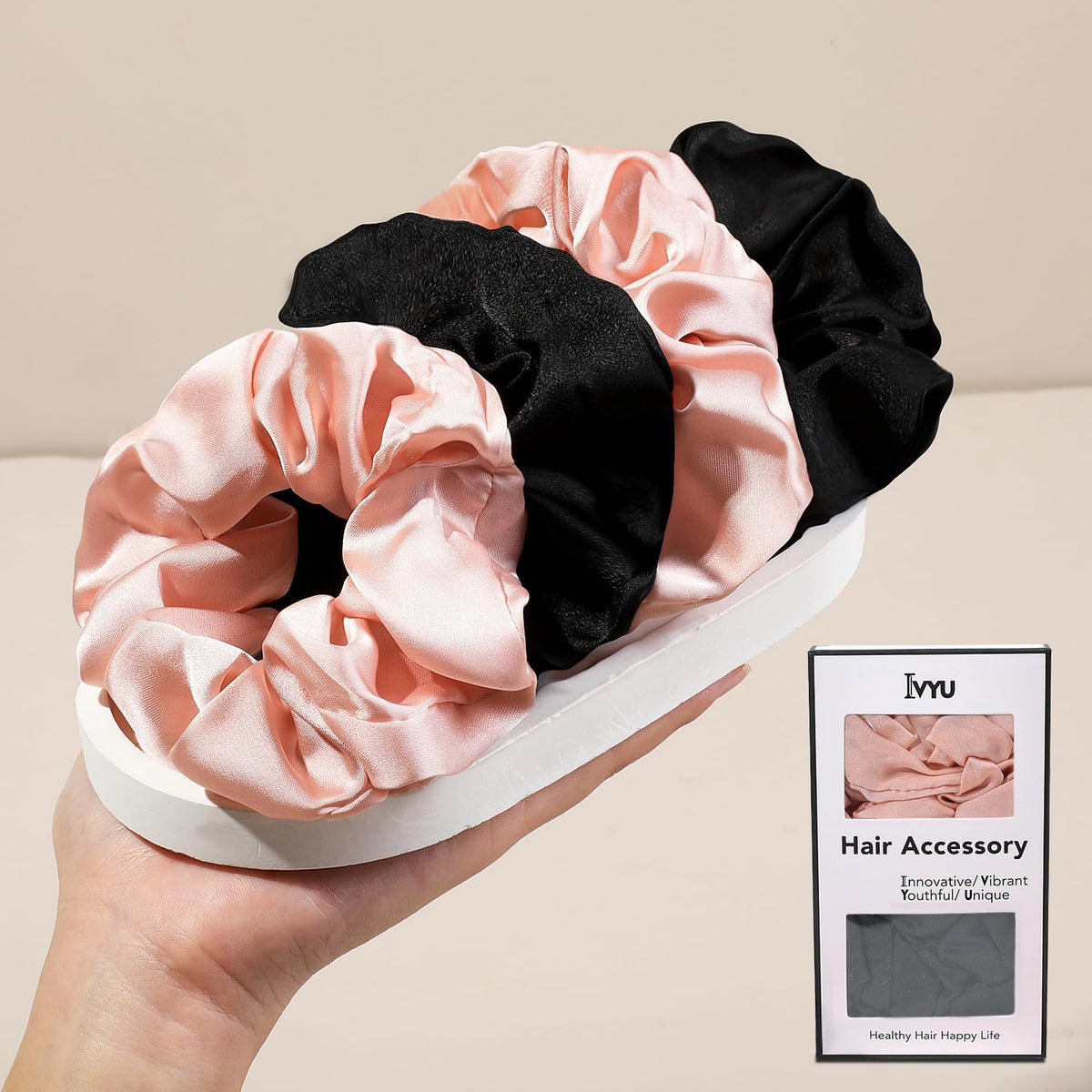 Ivyu Scrunchie, Big Cotton Scrunchies for Women's and Girls, Brown Service, 4 Count, for All Hair Types, No Crease or Damage