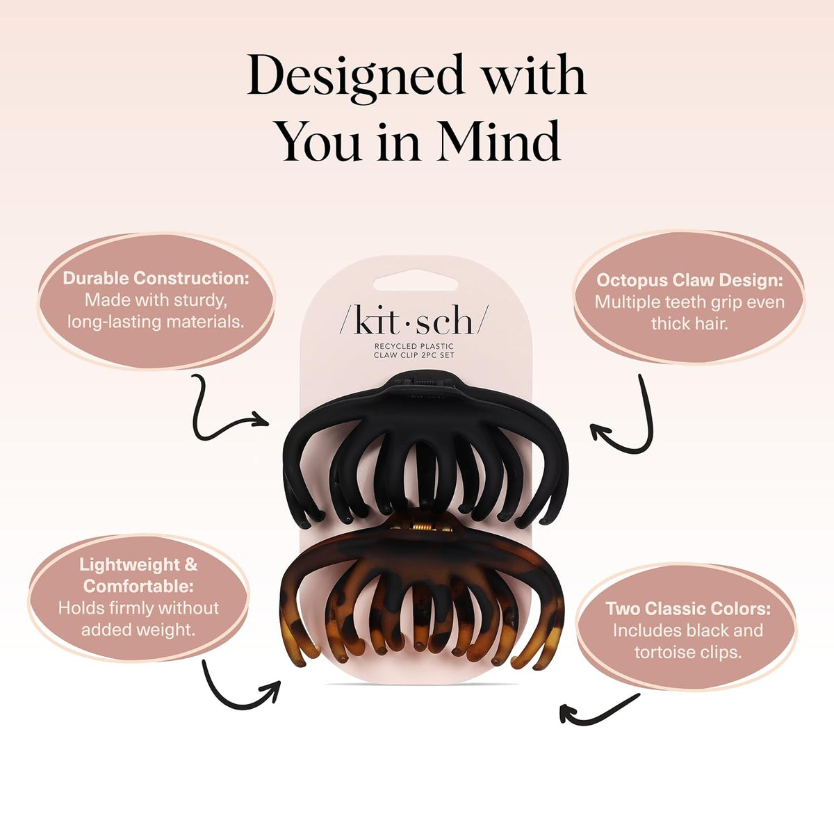 Kitsch Octopus Hair Clips For Women - Classic Black & Tortoise, 2pcs