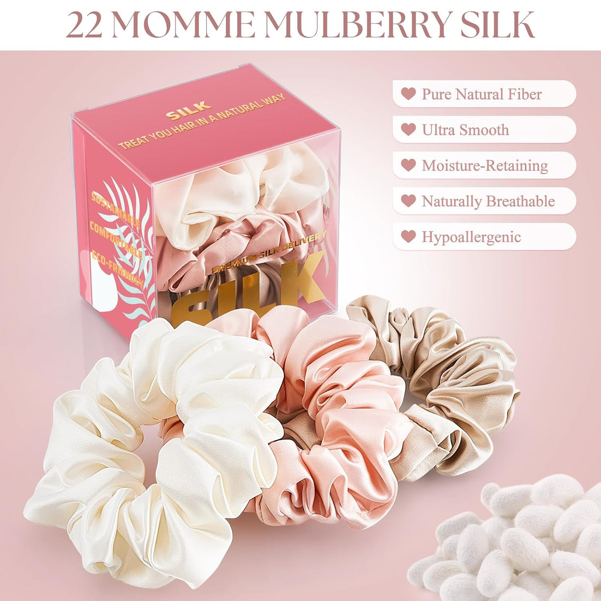 PILAVA Large Mulberry Silk Scrunchies, 3 Pack White Pink Gold | Gift Set