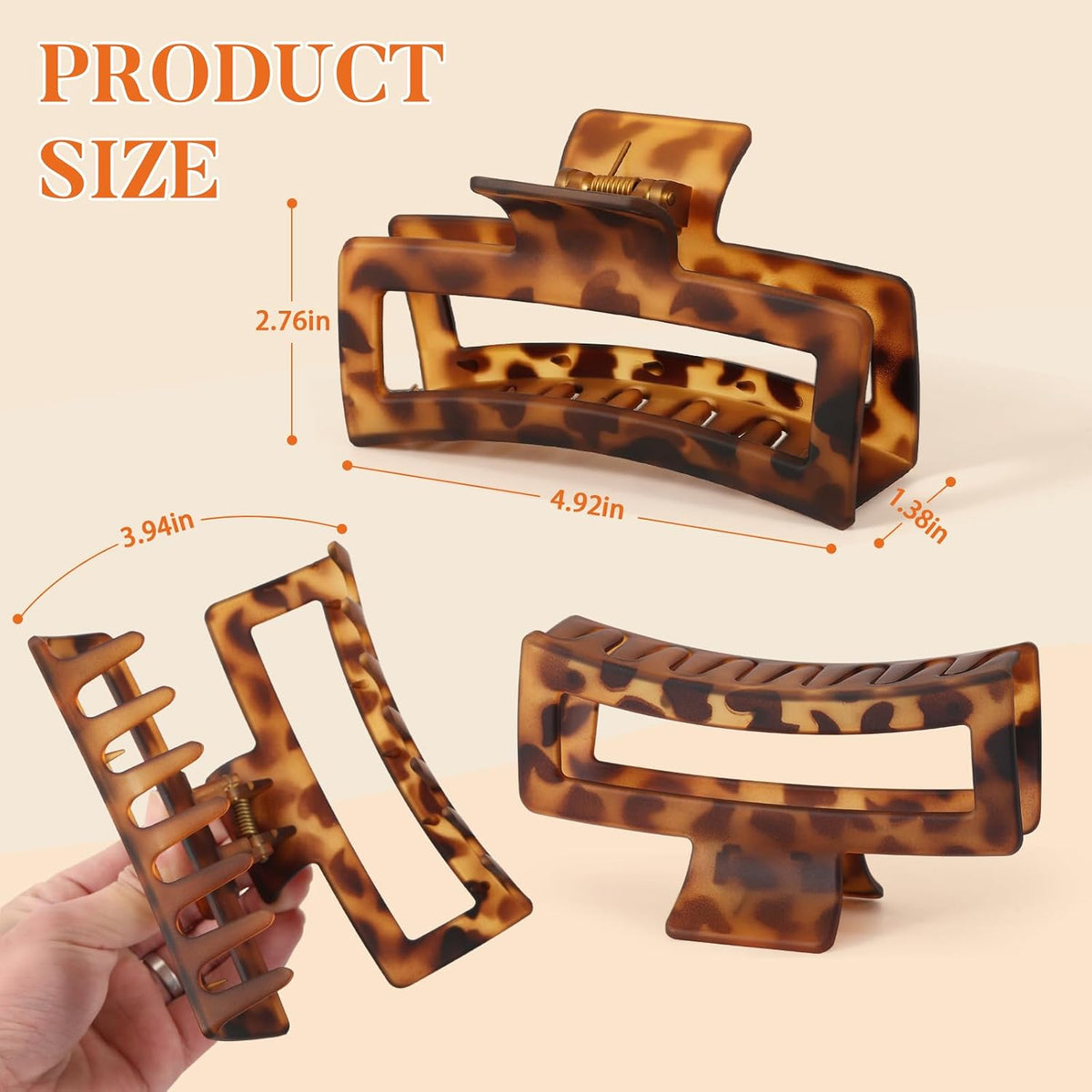 Auseibeely 4 Pack 5 Inch Extra Large Claw Clips for Thick Hair, Jumbo Tortoise Shell Claw Clip for Hat, Big Square Hair Clips for Thick/Long/Curly Hair, Non-slip Baseball Jaw Accessories