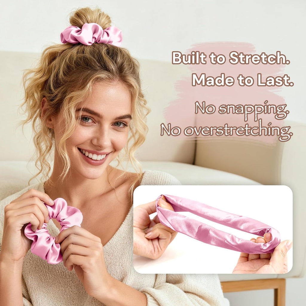 BONNET QUEEN Satin Scrunchies for Women, No Crease Silk Hair Ties & Holder, Soft Silk Hair Scrunchies for Sleeping & Everyday Use Ponytail Holders, Gentle Headwear Hair Accessories 6 Pack, Pink Tones