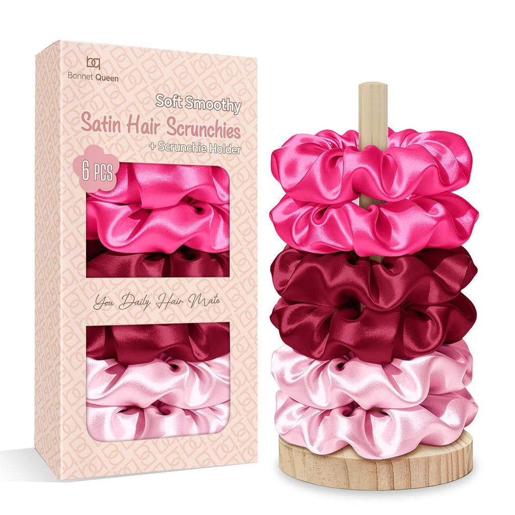 BONNET QUEEN Satin Scrunchies for Women, No Crease Silk Hair Ties & Holder, Soft Silk Hair Scrunchies for Sleeping & Everyday Use Ponytail Holders, Gentle Headwear Hair Accessories 6 Pack, Pink Tones