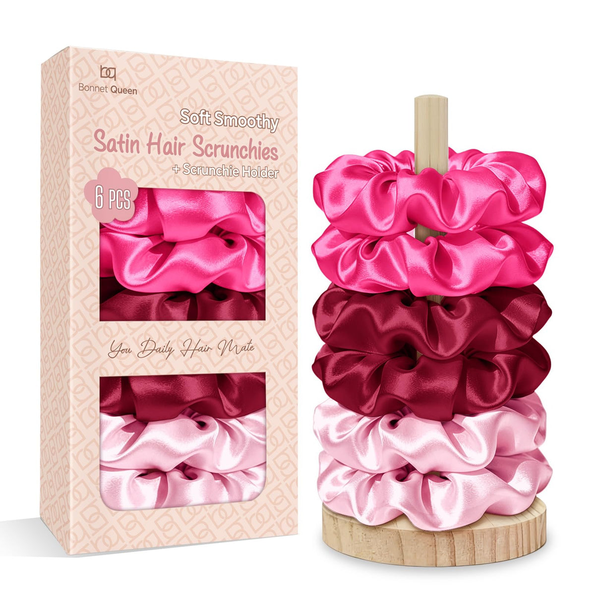 BONNET QUEEN Satin Scrunchies for Women, No Crease Silk Hair Ties & Holder, Soft Silk Hair Scrunchies for Sleeping & Everyday Use Ponytail Holders, Gentle Headwear Hair Accessories 6 Pack, Pink Tones