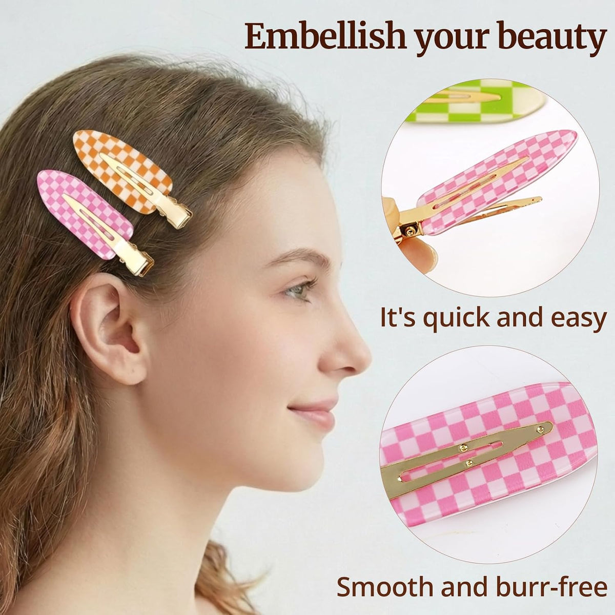 10 Pcs No Crease Hair Clips for Styling, Creaseless Alligator Clips for Women, Checkerboard Makeup Hair Clips, No Bend Bangs Clips