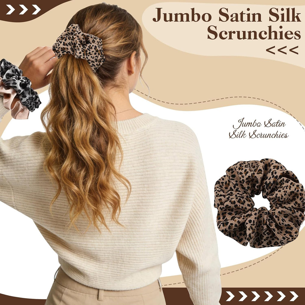 auroray 5 Pieces Jumbo Satin Silk Scrunchies for Women, Large Oversize Leopard Scrunchies For Thick Hair