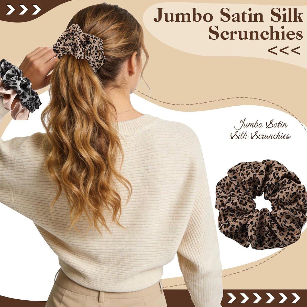 auroray 5 Pieces Jumbo Satin Silk Scrunchies for Women, Large Oversize Leopard Scrunchies For Thick Hair