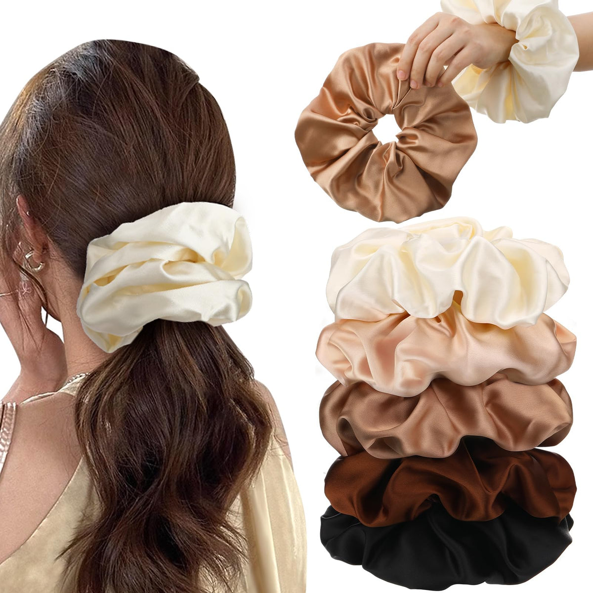 auroray 5 Pieces Jumbo Satin Silk Scrunchies for Women, Large Oversize Leopard Scrunchies For Thick Hair