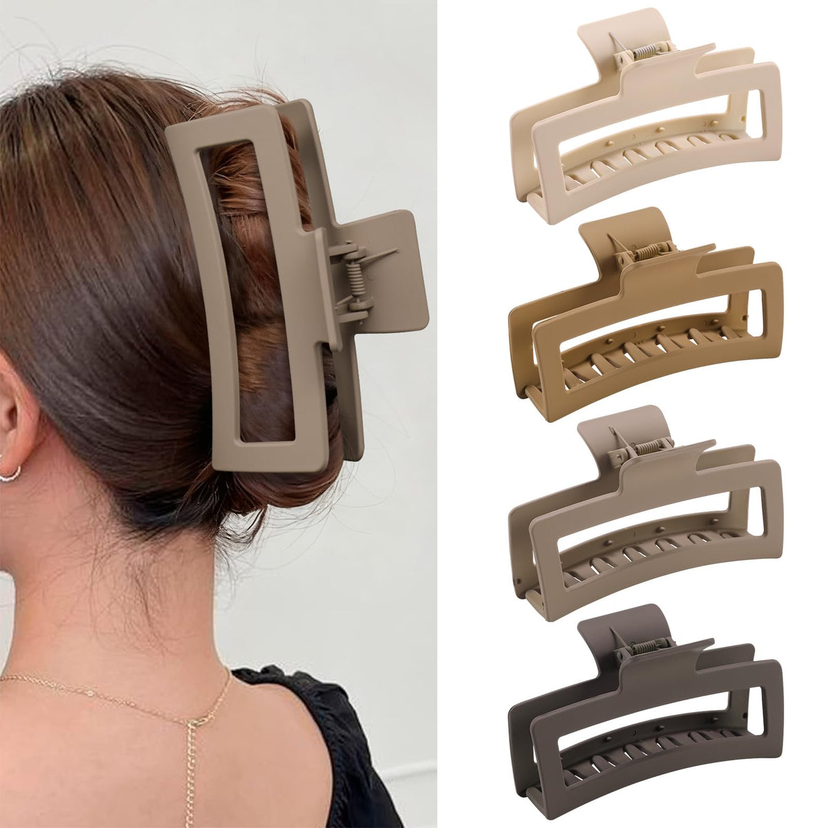 ZYTJ 5 Inche Extra Large Claw Clips for Thick Hair and Long Hair, 4 Pack Xl Jumbo Claw clips, Oversized Matte Non-slip Rectangle Hair Clips for Women, Big Strong Hold Jaw Clip,Neutral Color