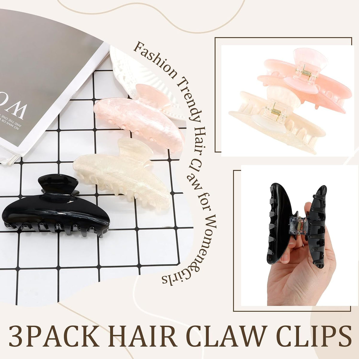 Aprince Claw Clips for Women 3Pcs, Acrylic Claw Clips Non-slip, Large Hair Clips for Thick Hair, Marble Clip Strong Hold, Banana Clip French Barrettes, Cute Hair Clips Glitter (Pink, White, Black)