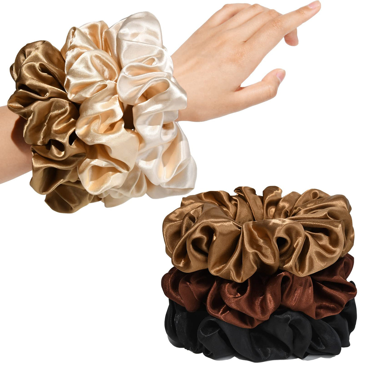 Black Big Scrunchies for Women 6.3Inches Large Scrunchie Satin Oversized Silk Thick Elastic Hair Ties Jumbo Hair Scrunchies 6 Pack (Black)