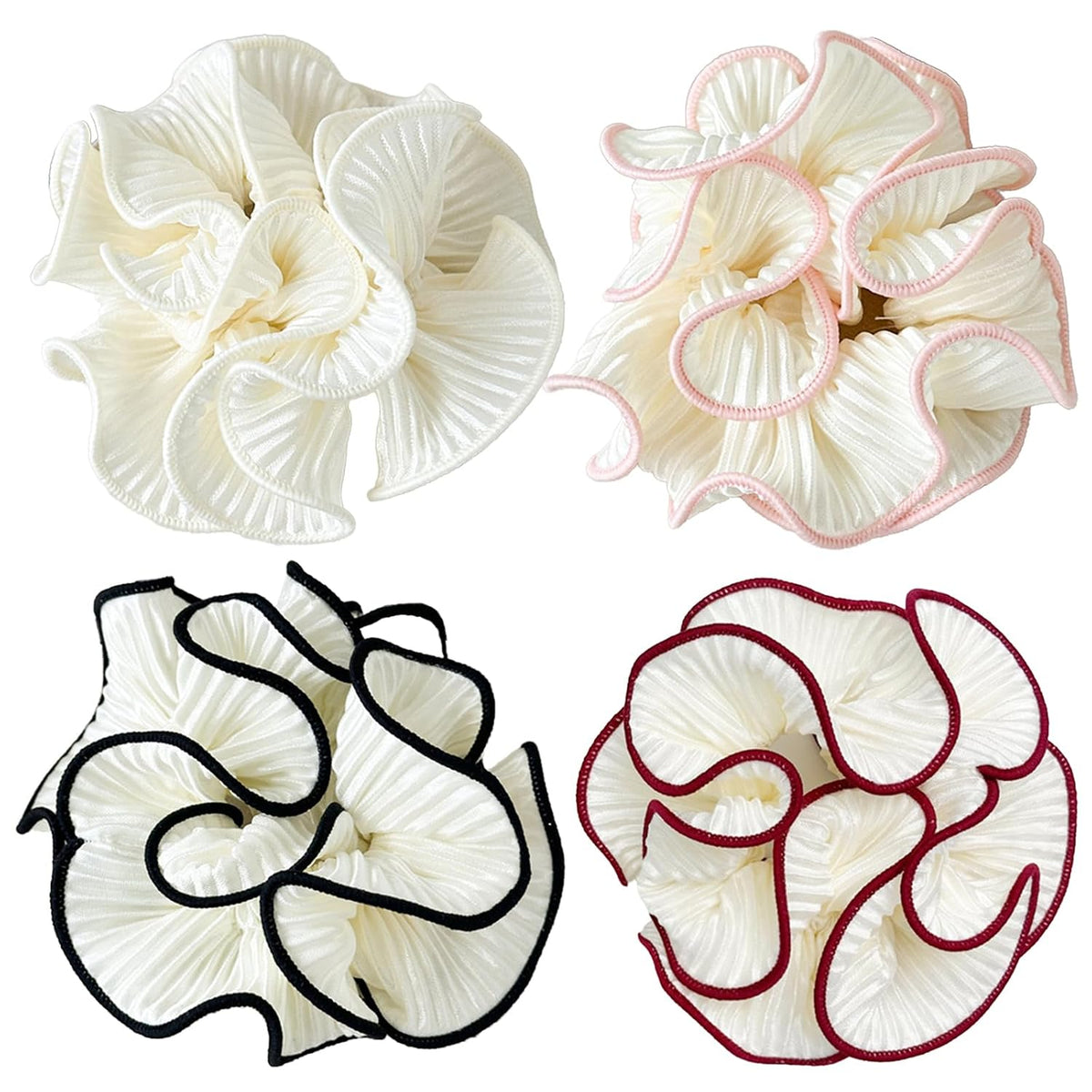 4 Pack Oversized Puffy Hair Scrunchies, 4.72 Inch Double Layer Pleated Ruffle Design, White with Colored Trim, Extra Large Hair Ties for Buns Ponytail Holders for Voluminous Look