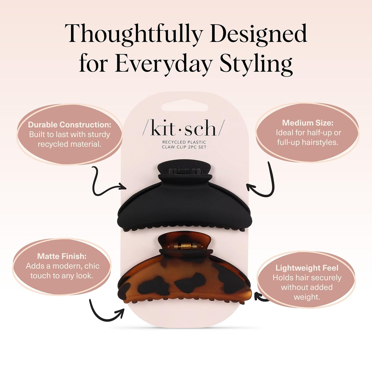 Kitsch Medium Hair Clips for Women - Black and Tort, 2pcs