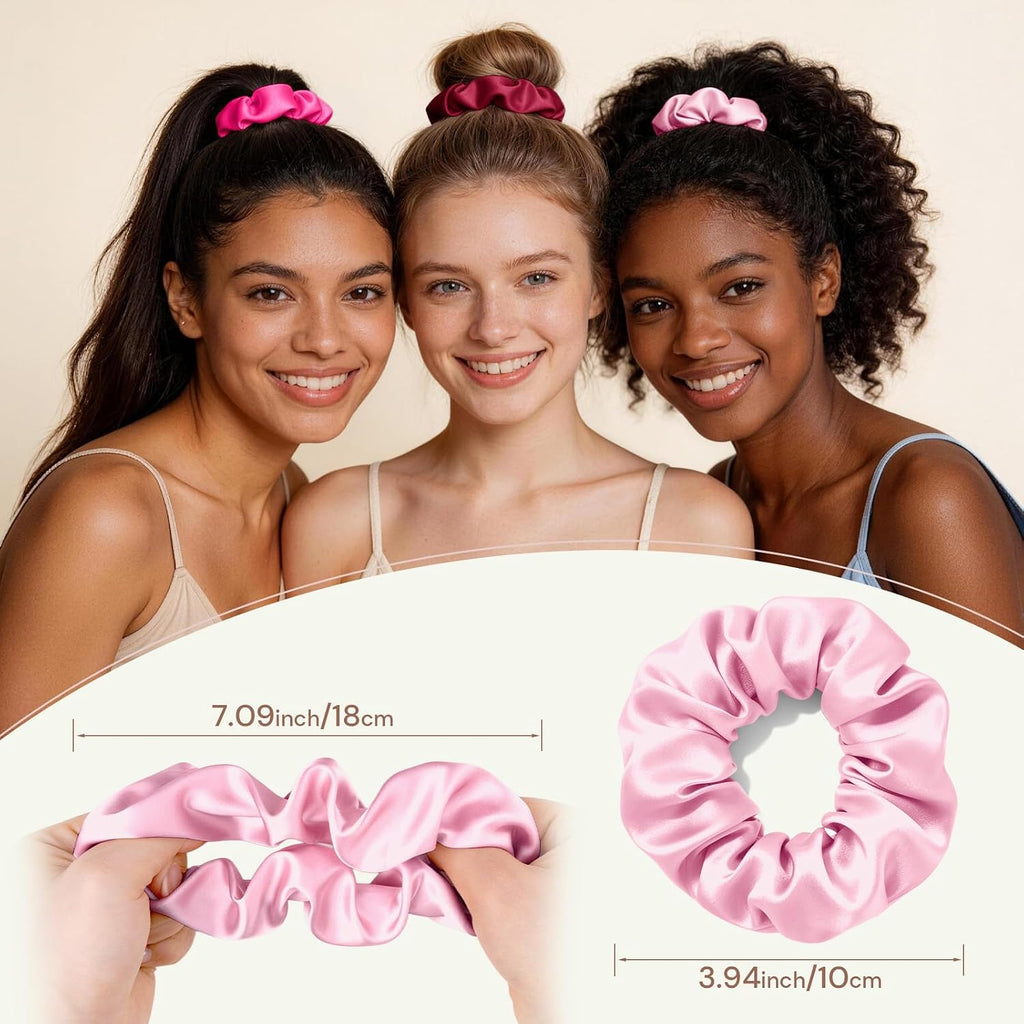BONNET QUEEN Satin Scrunchies for Women, No Crease Silk Hair Ties & Holder, Soft Silk Hair Scrunchies for Sleeping & Everyday Use Ponytail Holders, Gentle Headwear Hair Accessories 6 Pack, Pink Tones