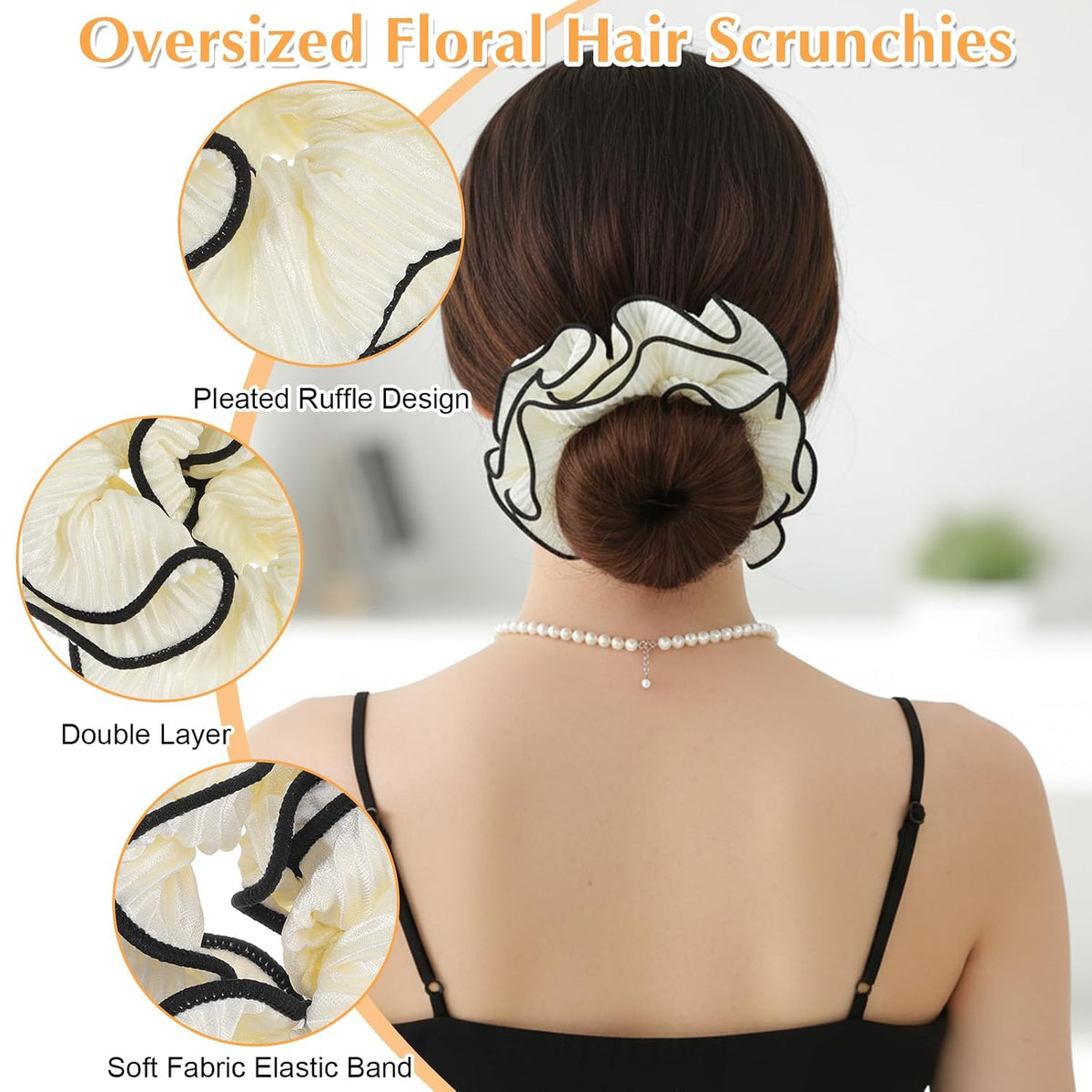 4 Pcs Oversized Puffy Hair Scrunchies, Multicolor Elastic Jumbo Puffy Hair Scrunchy Double Layer Pleated Ruffle Stain Hair Ties for Women Girls Thick Curly Hair (4 Color A)