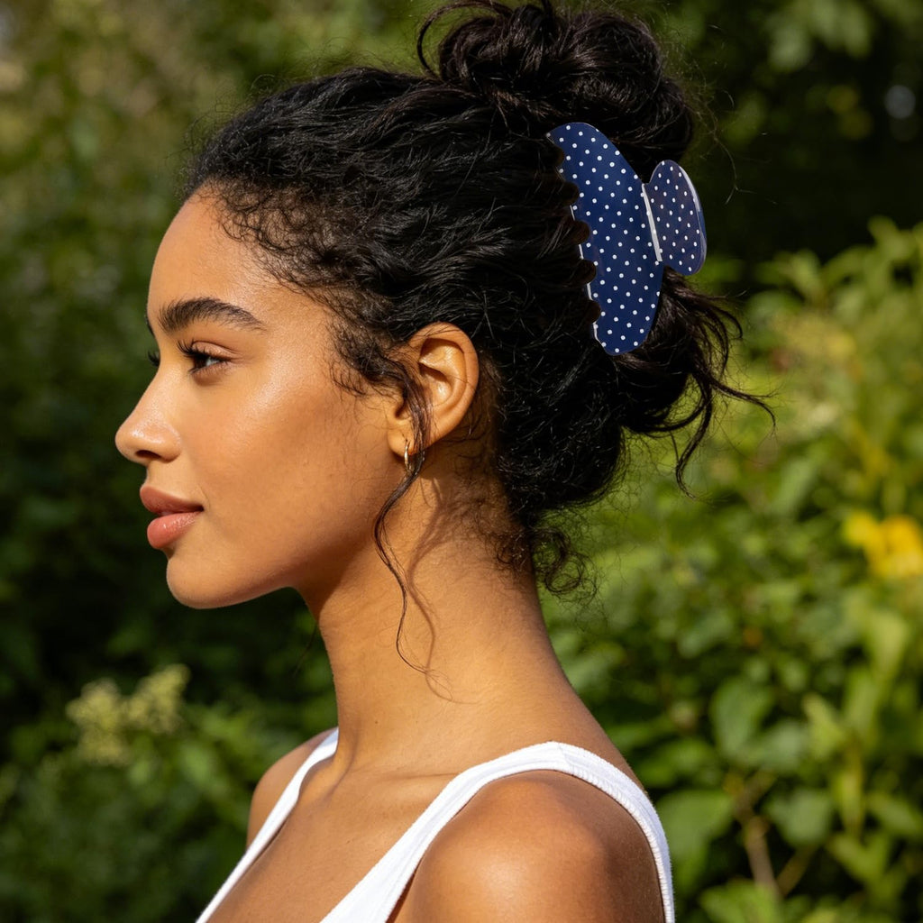 MAORULU Medium Cute Acetate Polka Dot Claw Clips, 3 Inch (Navy Blue)