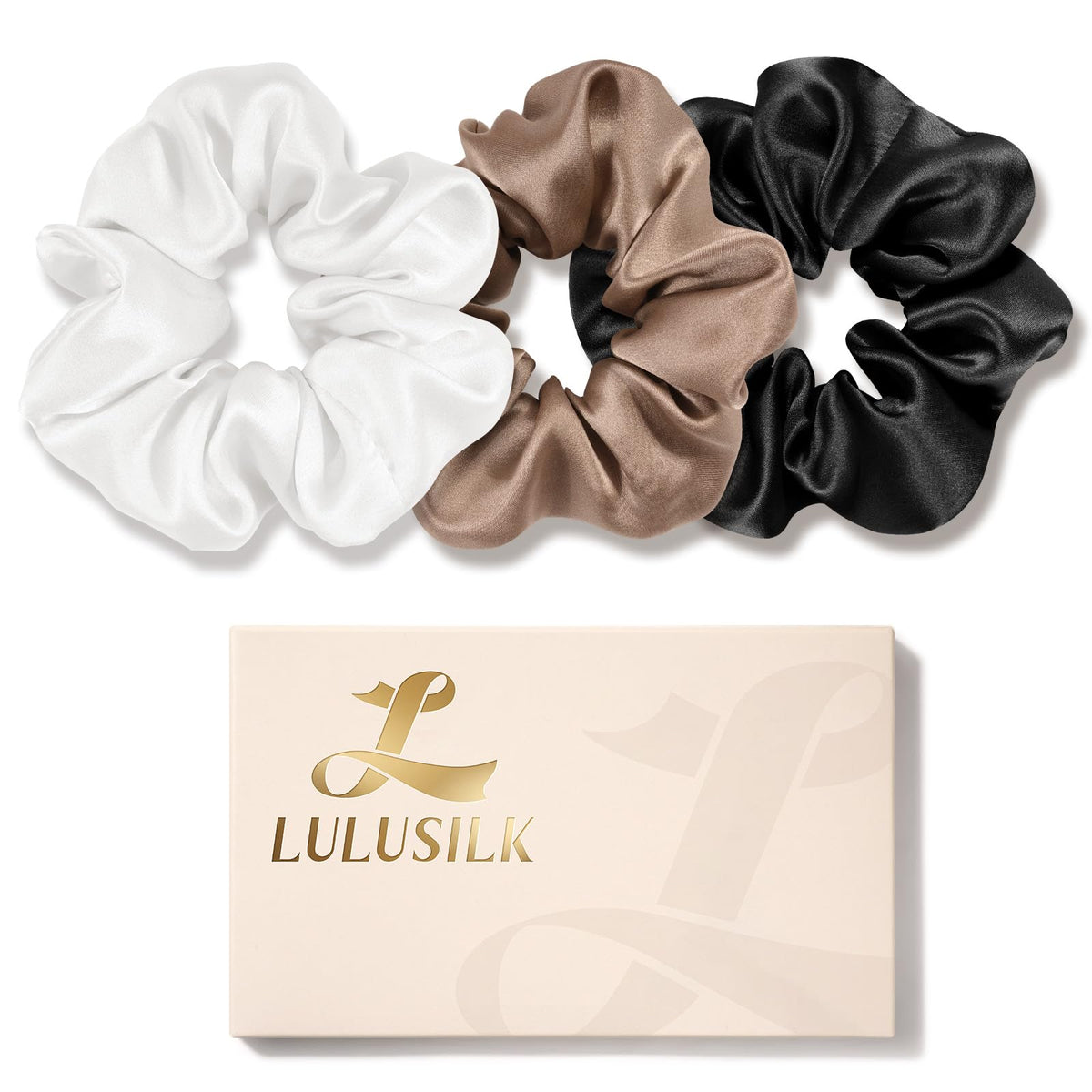 LULUSILK Silk Scrunchies for Hair Sleep, 100% Real Mulberry Silk, No Damage Hair Ties for Women and Girls, Classic Black, Pack of 3
