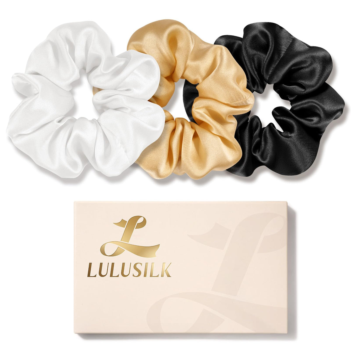 LULUSILK Silk Scrunchies for Hair Sleep, 100% Real Mulberry Silk, No Damage Hair Ties for Women and Girls, Classic Black, Pack of 3