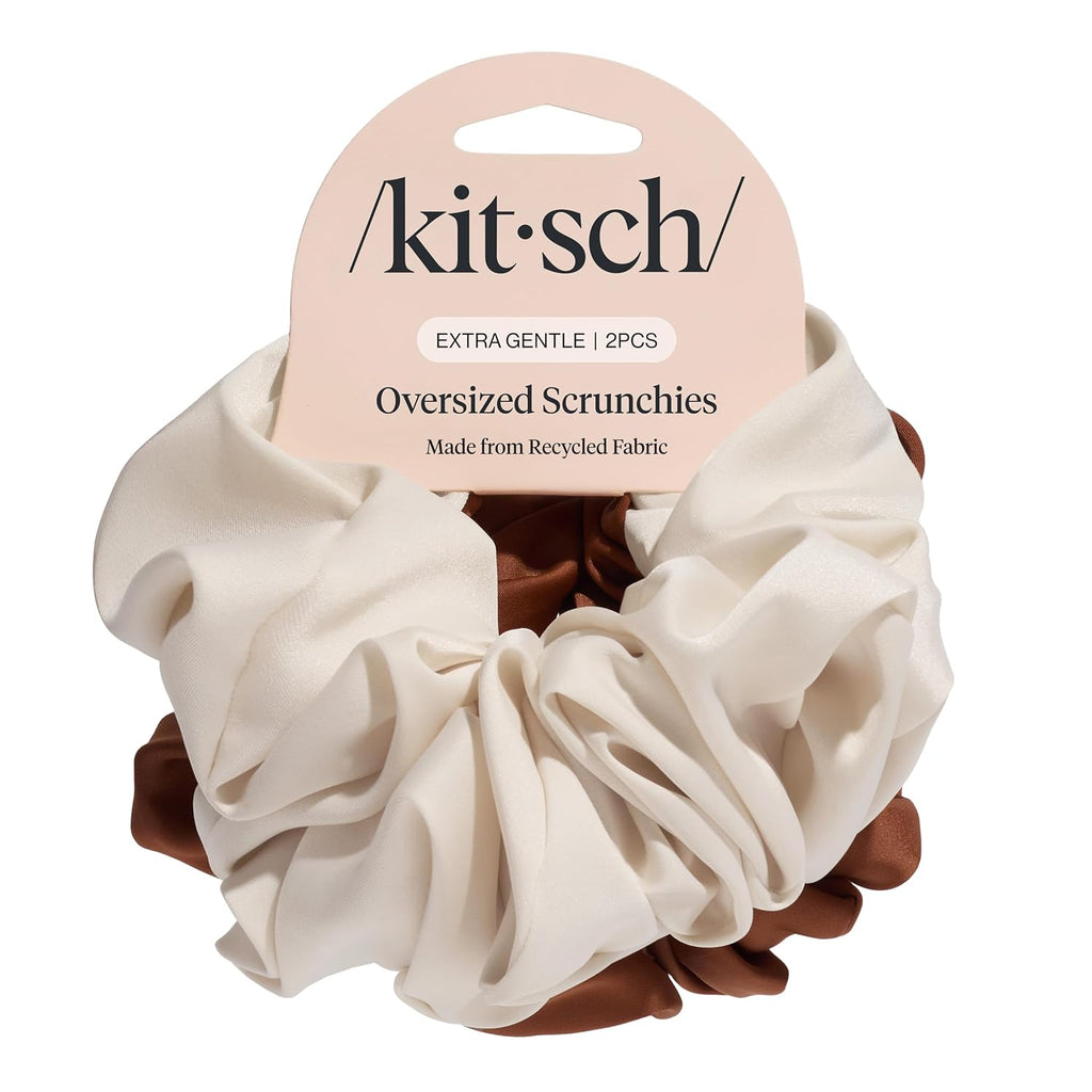 Kitsch Recycled Satin Oversized Scrunchies - Camel & Cream, 2pcs
