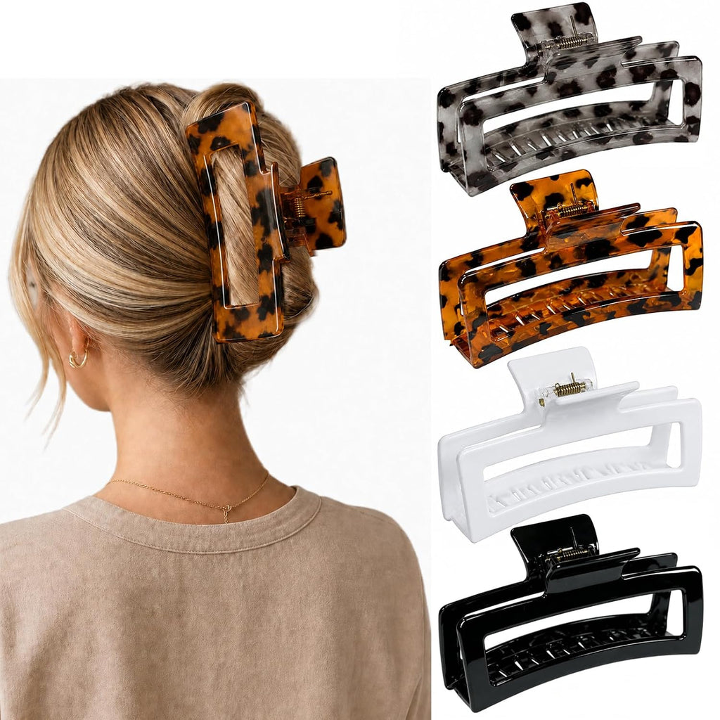 5 Inch XL Jumbo Large Claw Clips, 4-Pack Oversized Rectangle Big Hair Clips for Women, Non-Slip Dark & Light Leopard