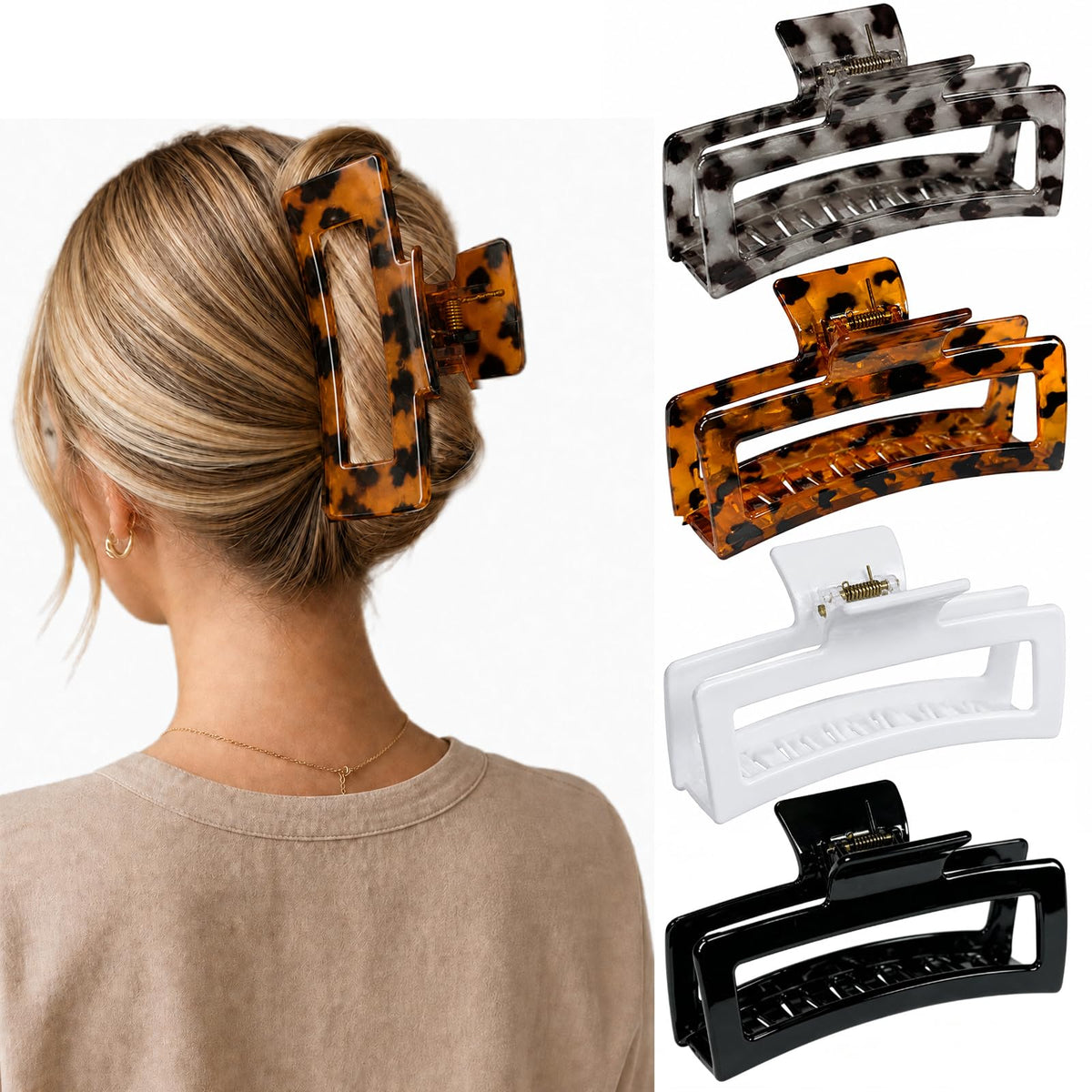5 Inch XL Jumbo Large Claw Clips, 4-Pack Oversized Rectangle Big Hair Clips for Women, Non-Slip Dark & Light Leopard
