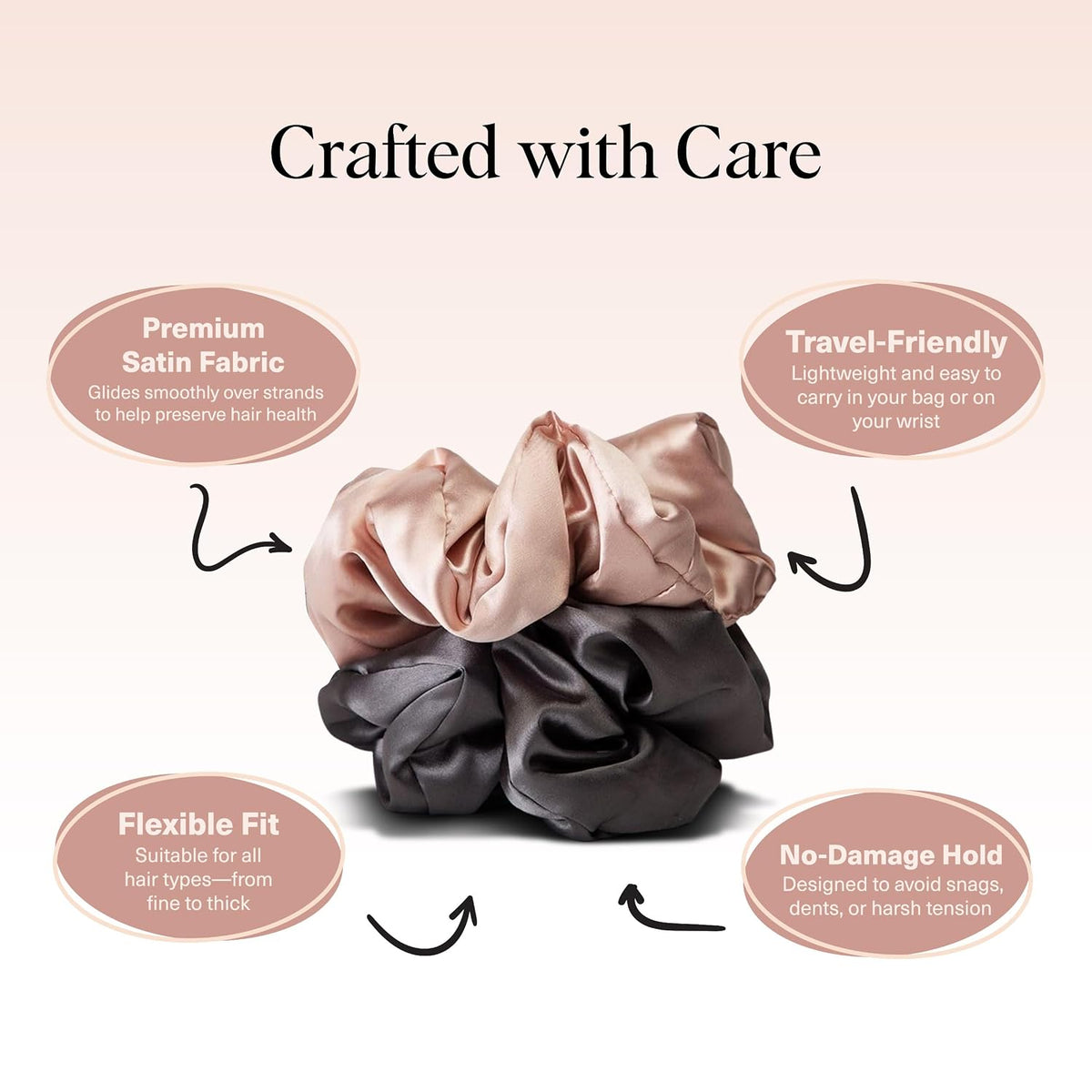 Kitsch Pillow Satin Scrunchies for Women -Blush/Charcoal, 2pcs