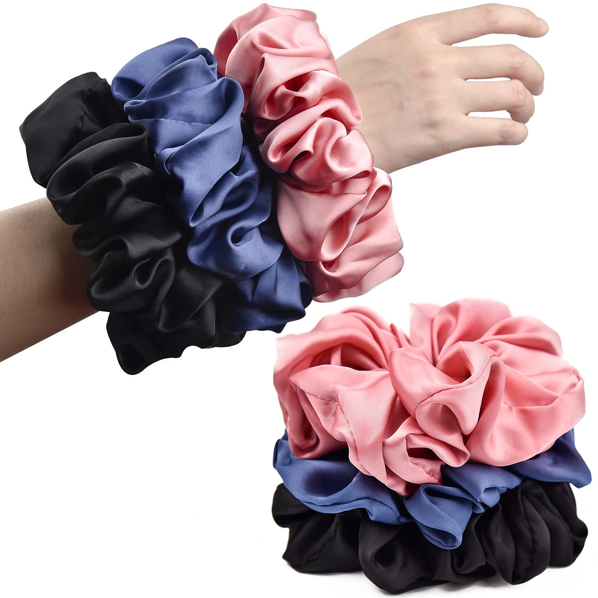 Black Big Scrunchies for Women 6.3Inches Large Scrunchie Satin Oversized Silk Thick Elastic Hair Ties Jumbo Hair Scrunchies 6 Pack (Black)