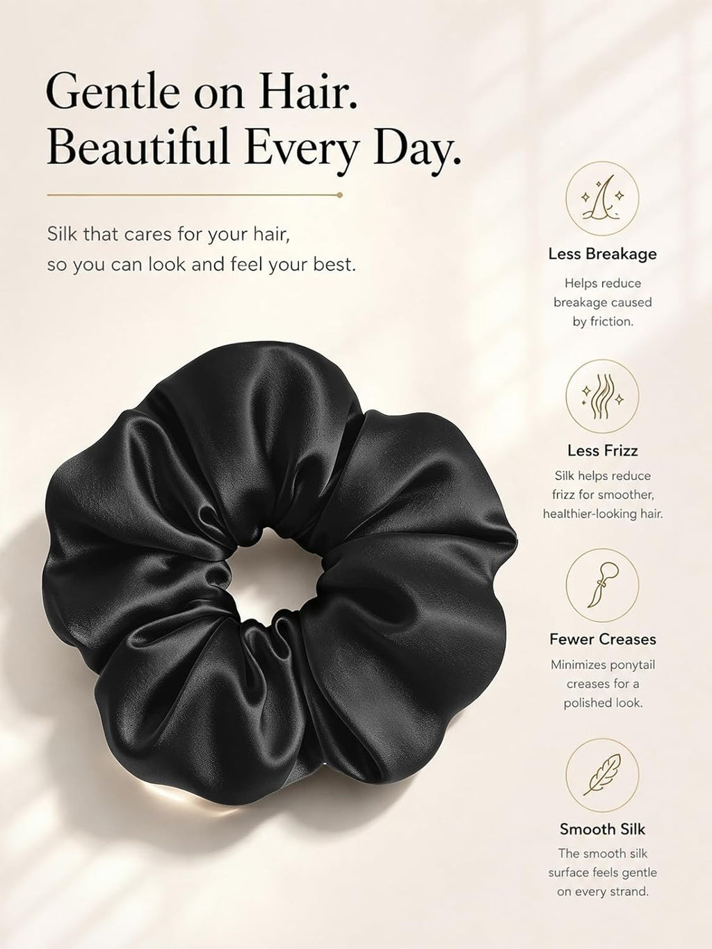 100% Mulberry Silk Hair Scrunchie for Women, Hair Tie Black