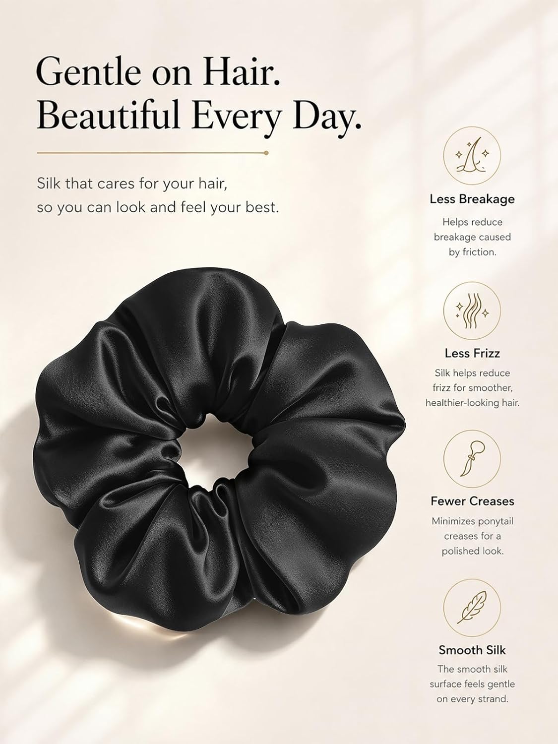 100% Mulberry Silk Hair Scrunchie for Women, Hair Tie Black
