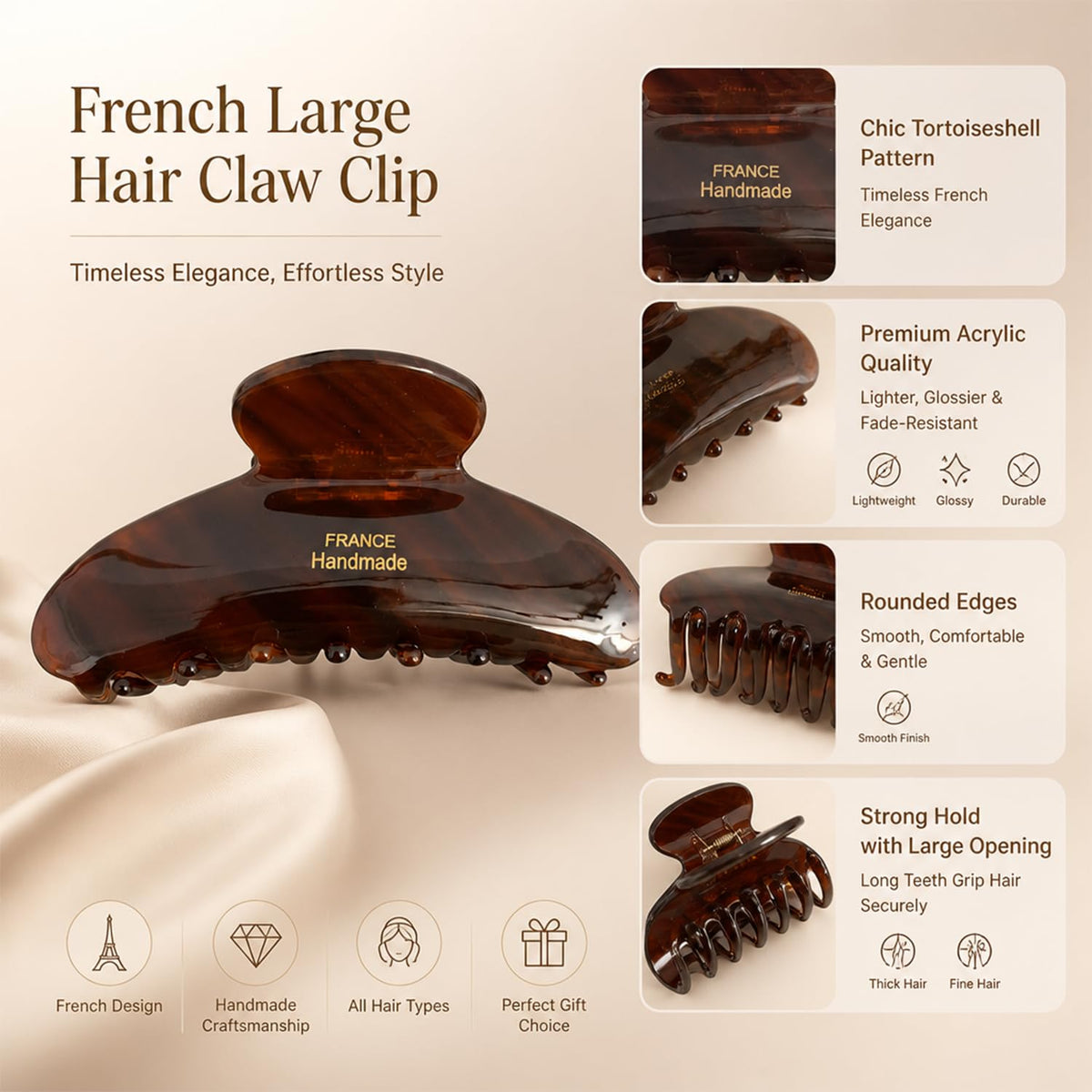 Caramel Tortoise Large Hair Claw Clips for Thick Hair Strong Hold Acrylic