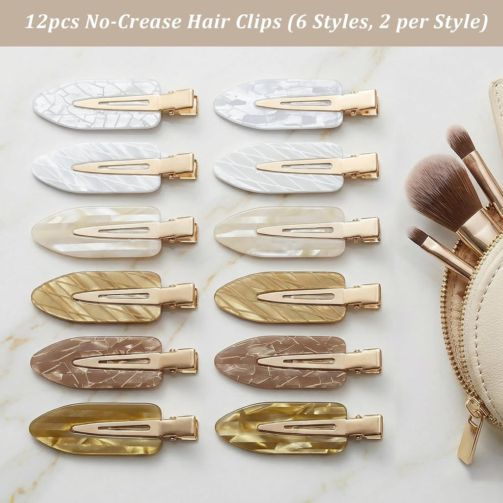 12Pcs No Crease Creaseless Hair Clips No Bend Flat Clips for Styling Non Slip Makeup Hair Accessories for Women (White Gold)