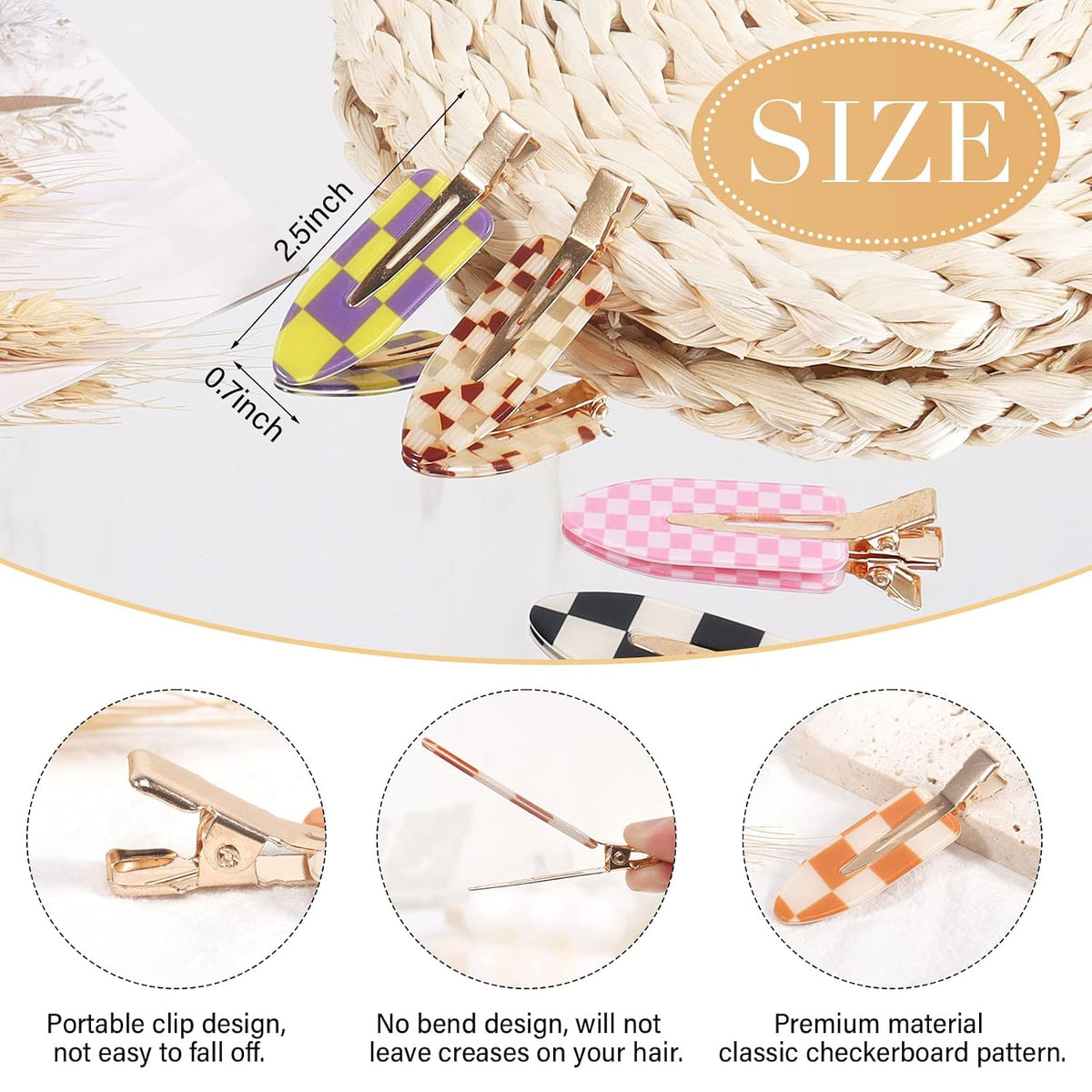 KesaPlan 9PCS No Bend Checkerboard Creaseless Hair Clips for Makeup Women