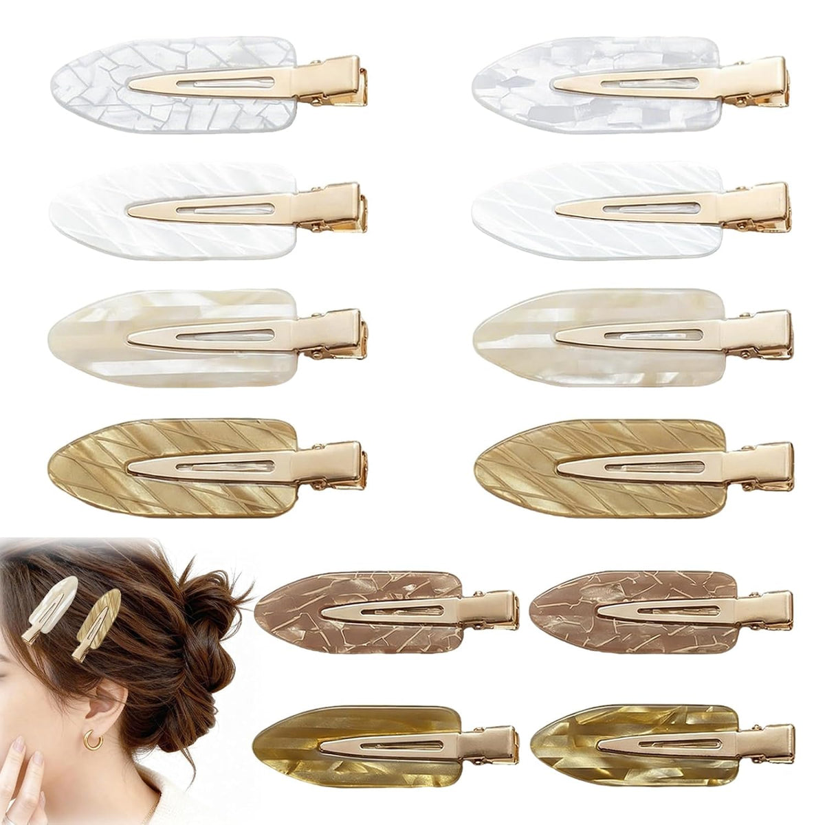 12Pcs No Crease Creaseless Hair Clips No Bend Flat Clips for Styling Non Slip Makeup Hair Accessories for Women (White Gold)