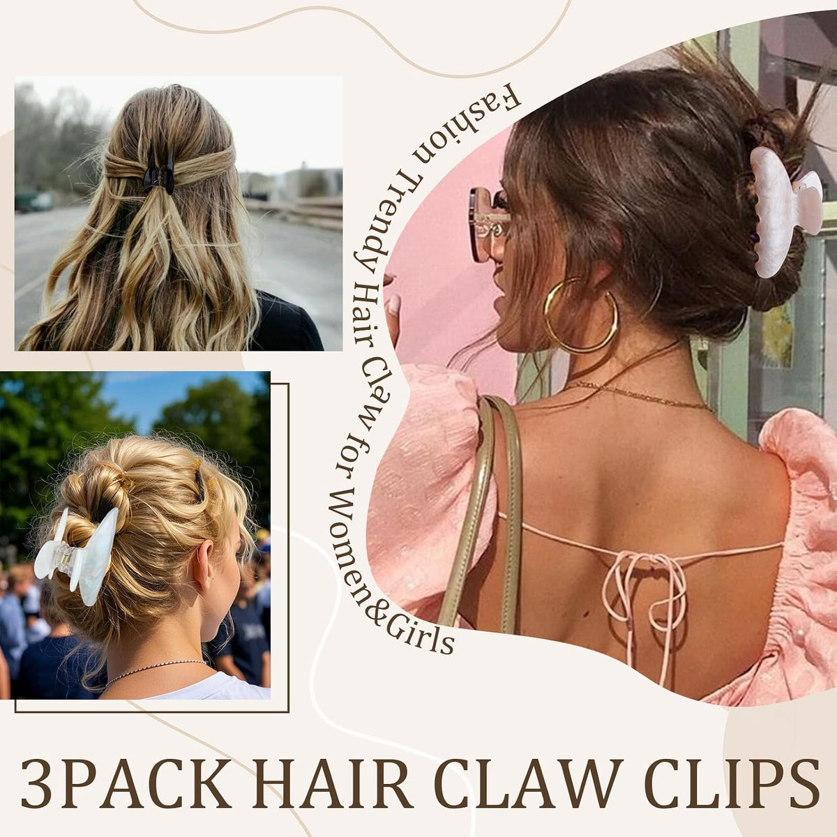 Aprince Claw Clips for Women 3Pcs, Acrylic Claw Clips Non-slip, Large Hair Clips for Thick Hair, Marble Clip Strong Hold, Banana Clip French Barrettes, Cute Hair Clips Glitter (Pink, White, Black)