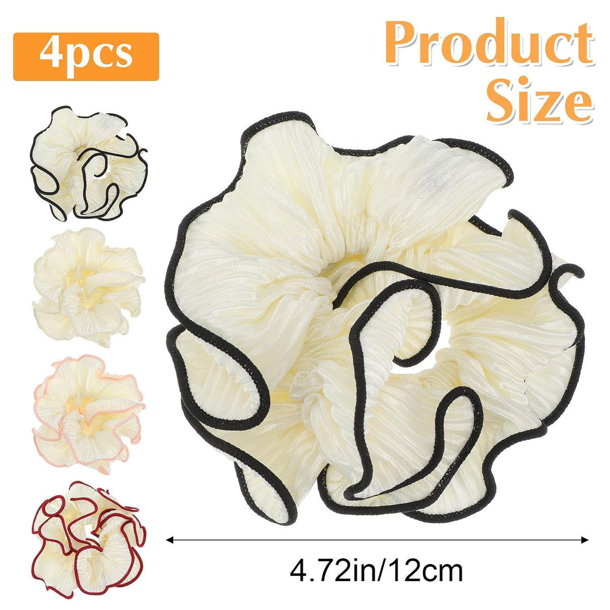 4 Pcs Oversized Puffy Hair Scrunchies, Multicolor Elastic Jumbo Puffy Hair Scrunchy Double Layer Pleated Ruffle Stain Hair Ties for Women Girls Thick Curly Hair (4 Color A)