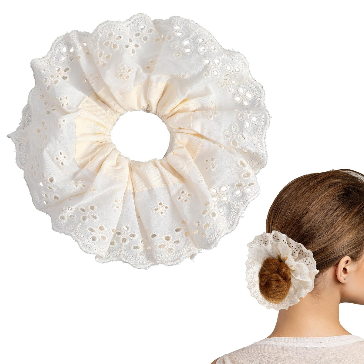 Dimeho White Scrunchies for Women Large Lace Scrunchies Elastic Hair Ties No Damage Double Layer Hair Bands (white)
