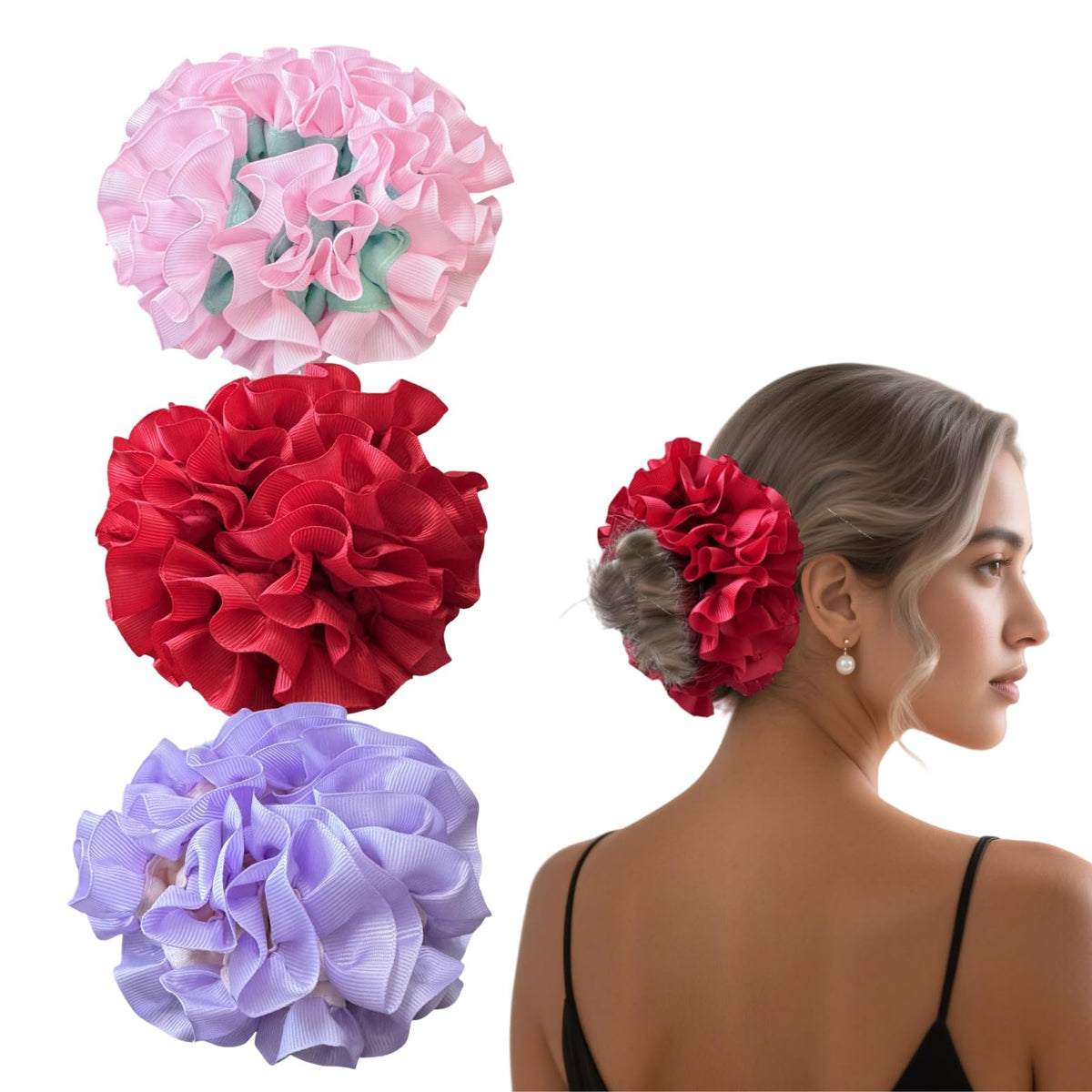 3 Pack Satin Scrunchies for Women, Large Silk Ruffle Scrunchies, Voluminous Hair Ties for Thick & Thin Hair, Hair Bow for Daily, Work & Party (Black, Brown, Red)
