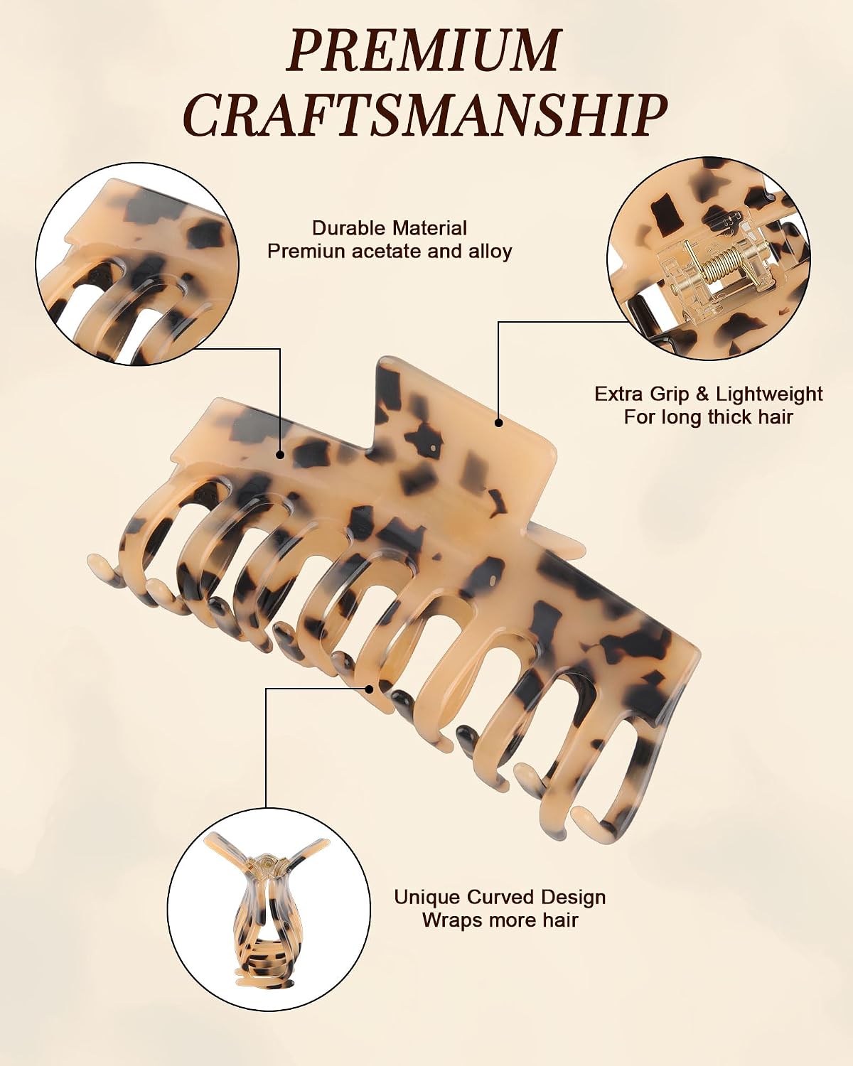 Molans Acetate Claw Clips for Women, 4.3" Tortoise Clamp for ThinThick Hair