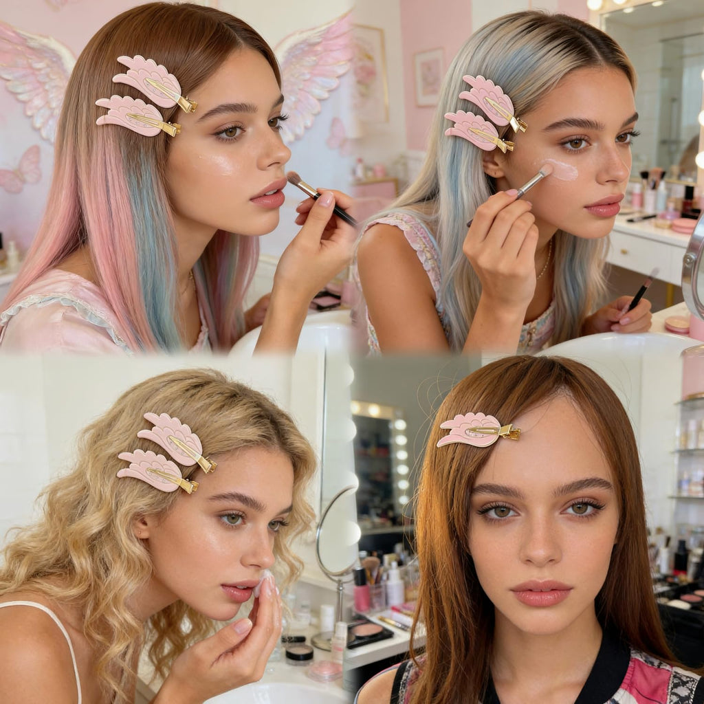 2 Piece Angel Wing Hair Clips with Rhinestones Pink Creaseless Hair Clips for Women Cute Wing Hairpins Kawaii Cartoon Barrettes Cute Y2K Makeup Accessories