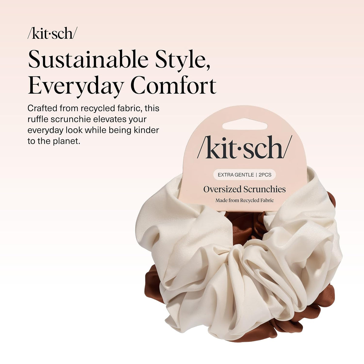 Kitsch Recycled Satin Oversized Scrunchies - Camel & Cream, 2pcs