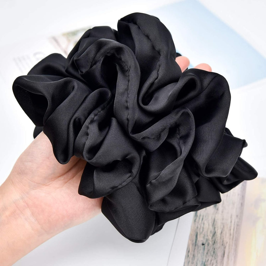 Black Big Scrunchies for Women 6.3Inches Large Scrunchie Satin Oversized Silk Thick Elastic Hair Ties Jumbo Hair Scrunchies 6 Pack (Black)