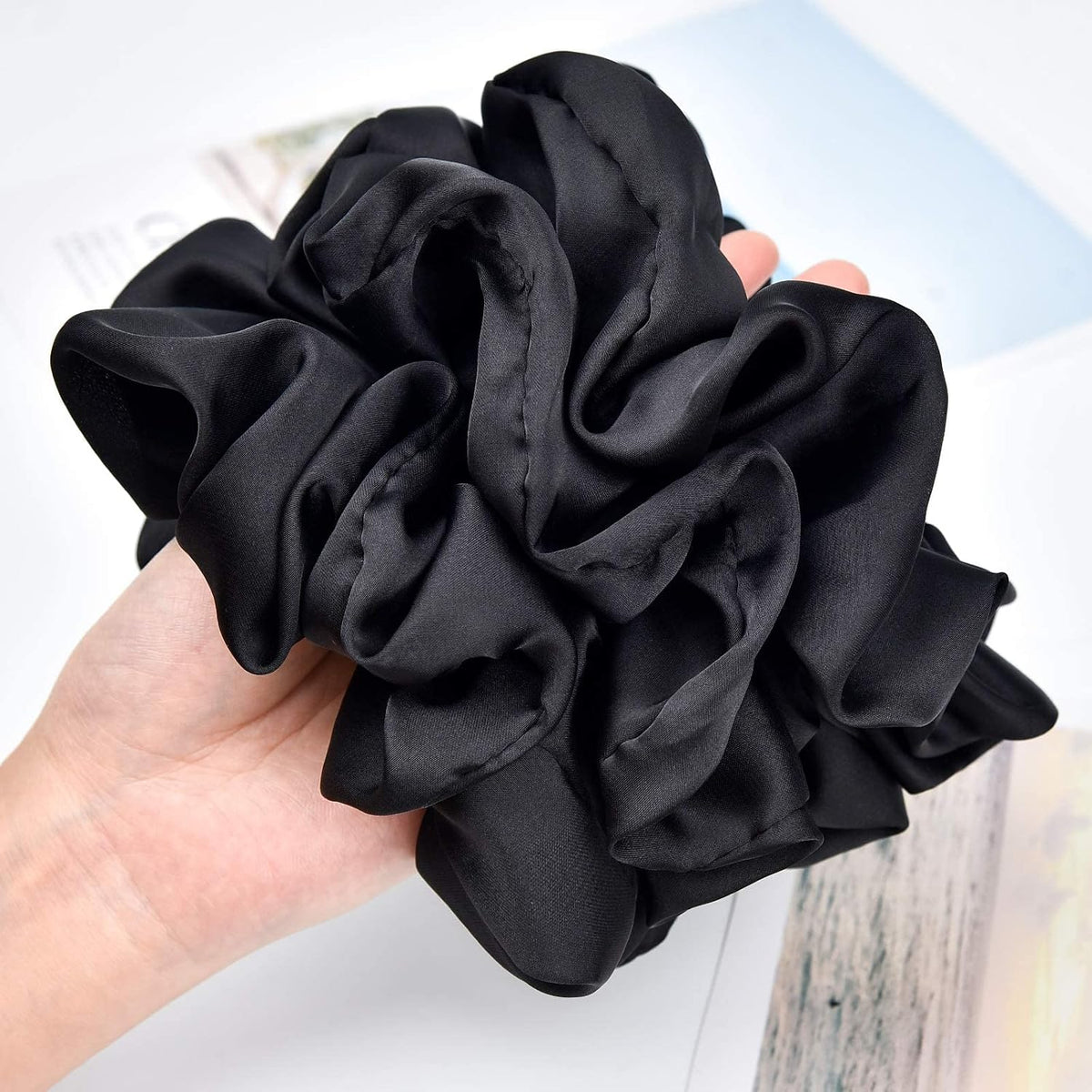 Black Big Scrunchies for Women 6.3Inches Large Scrunchie Satin Oversized Silk Thick Elastic Hair Ties Jumbo Hair Scrunchies 6 Pack (Black)