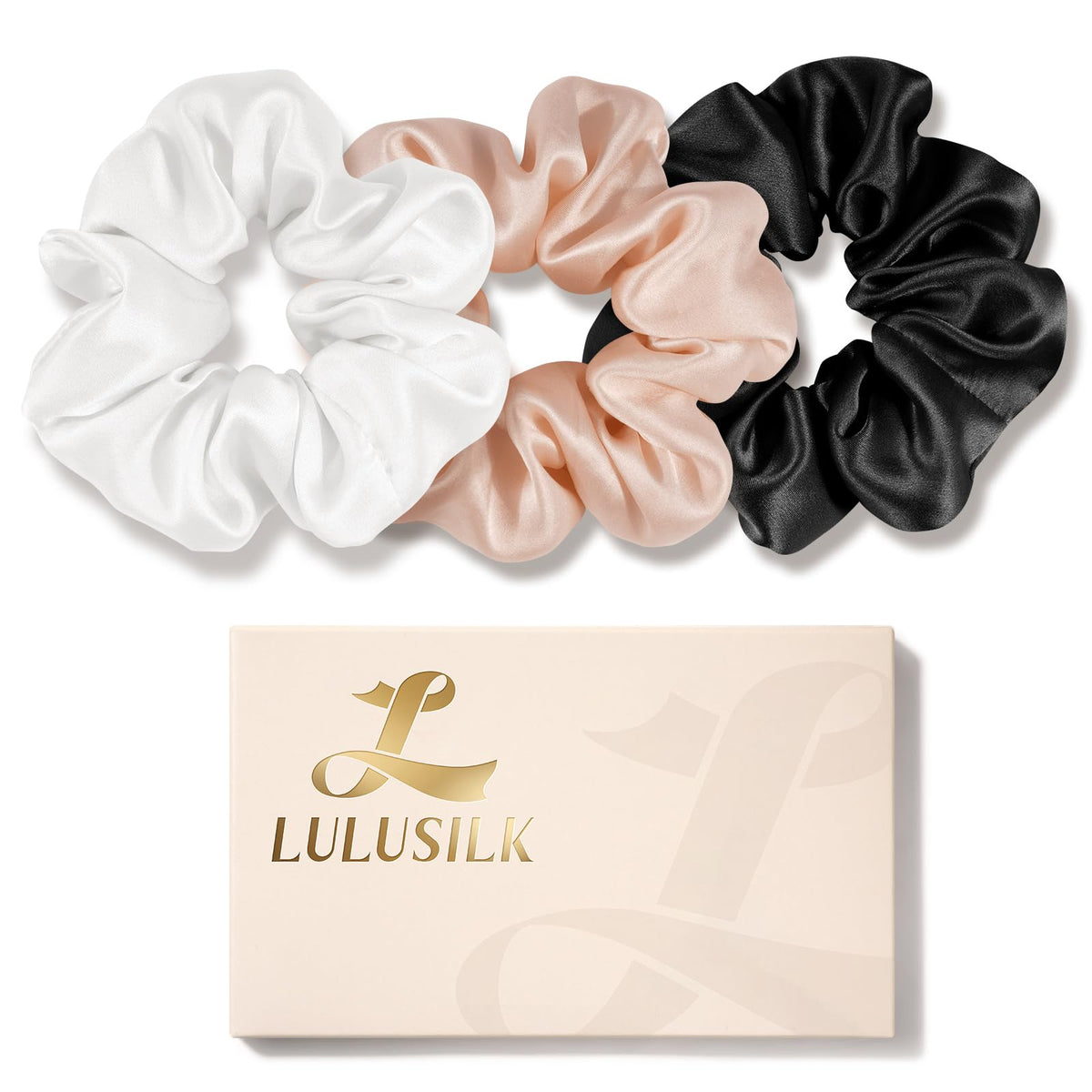 LULUSILK Silk Scrunchies for Hair Sleep, 100% Real Mulberry Silk, No Damage Hair Ties for Women and Girls, Classic Black, Pack of 3