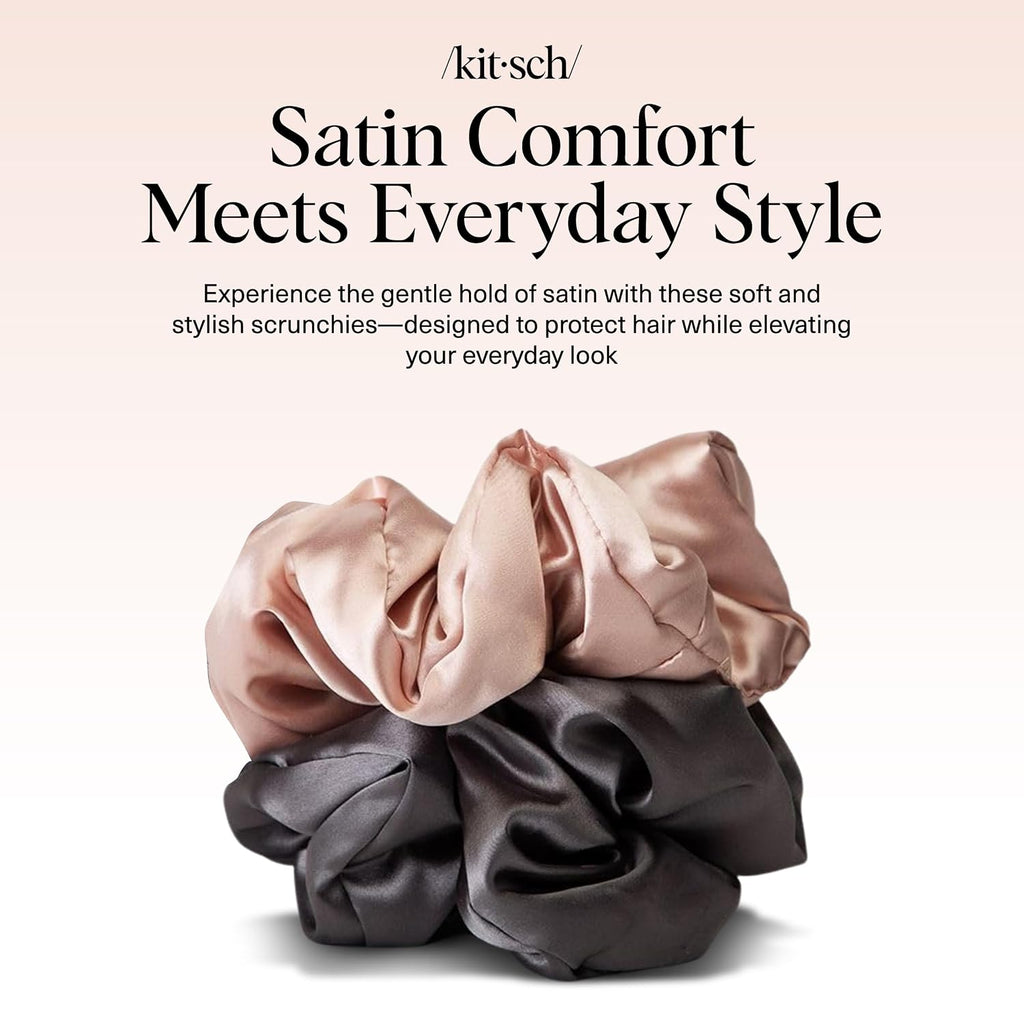 Kitsch Pillow Satin Scrunchies for Women -Blush/Charcoal, 2pcs