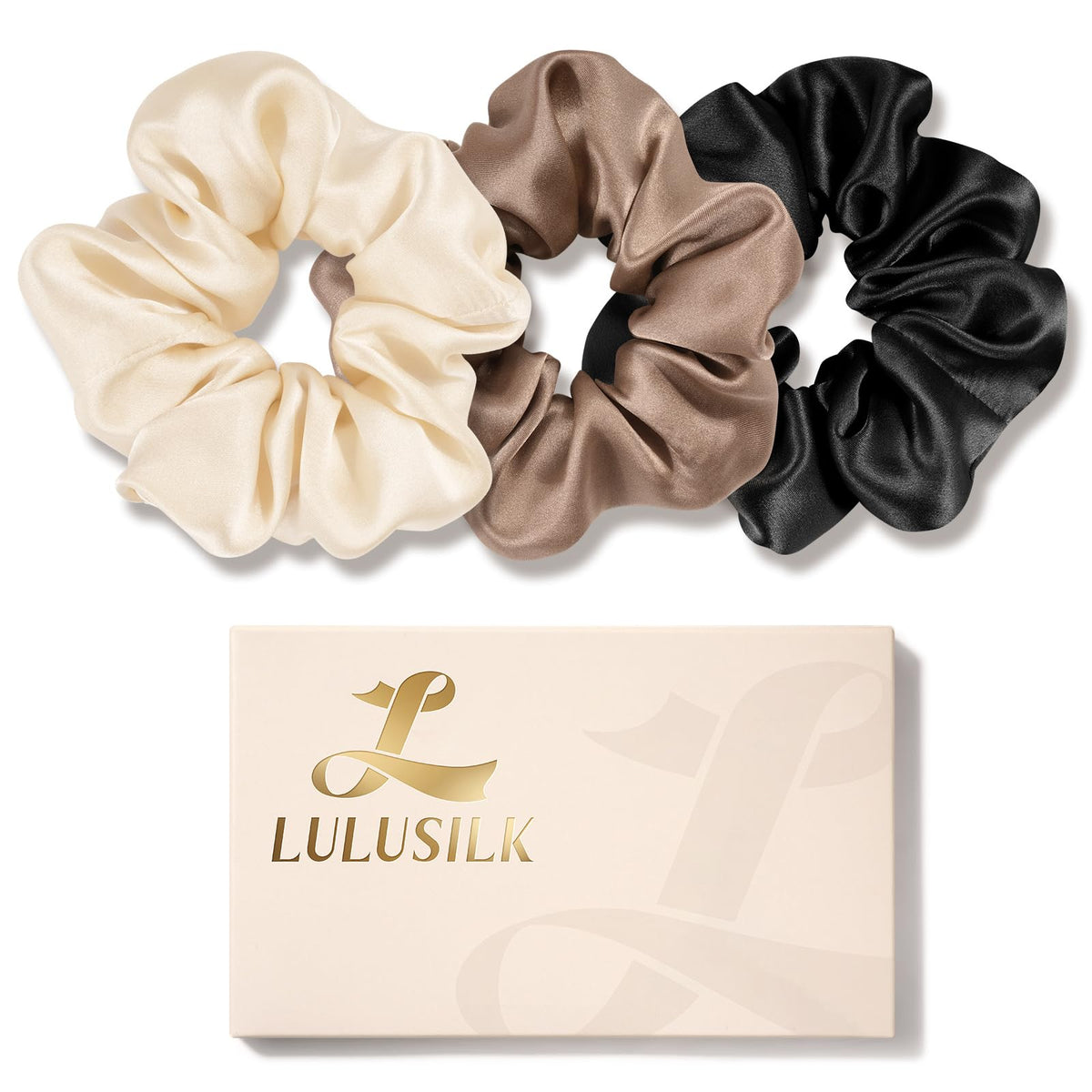 LULUSILK Silk Scrunchies for Hair Sleep, 100% Real Mulberry Silk, No Damage Hair Ties for Women and Girls, Classic Black, Pack of 3