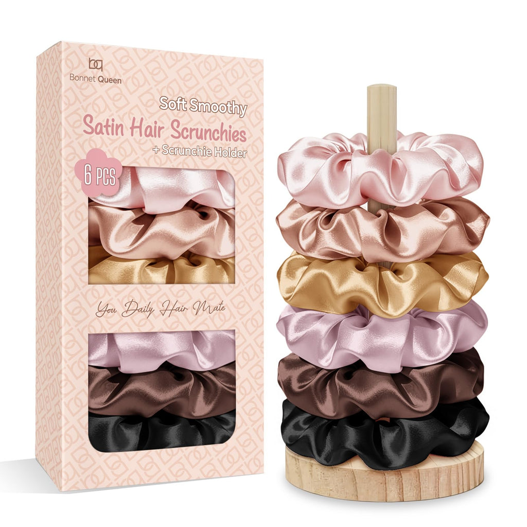 BONNET QUEEN Satin Scrunchies for Women, No Crease Silk Hair Ties & Holder, Soft Silk Hair Scrunchies for Sleeping & Everyday Use Ponytail Holders, Gentle Headwear Hair Accessories 6 Pack, Pink Tones